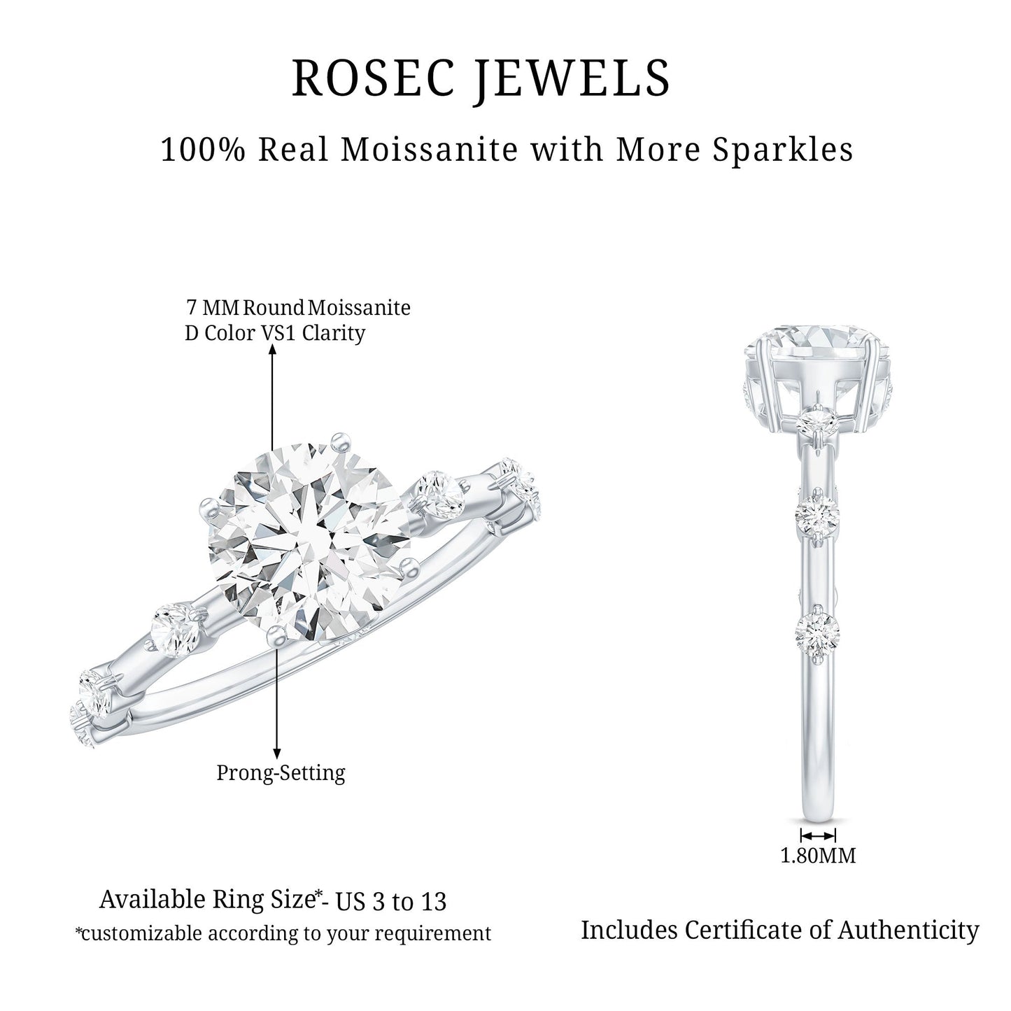 Certified Round Shape Moissanite Solitaire Engagement Ring