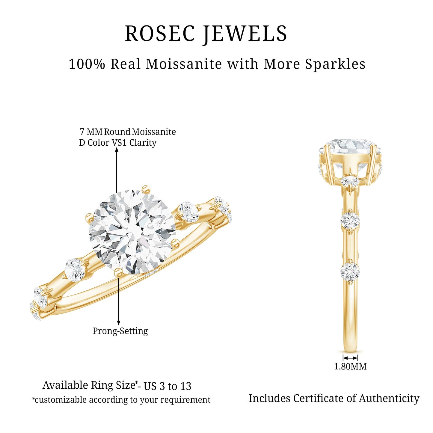 Certified Round Shape Moissanite Solitaire Engagement Ring