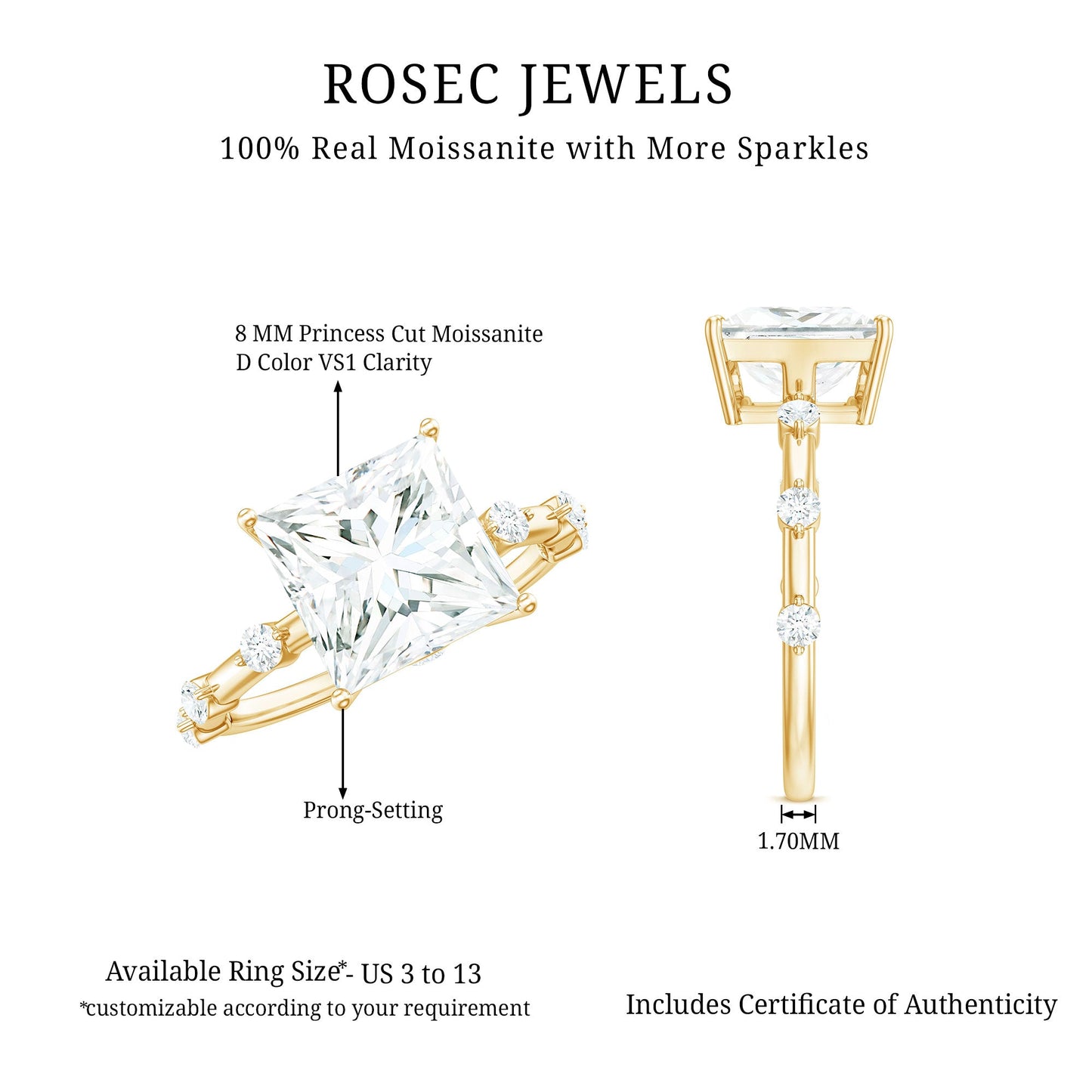 3 Carat Certified Princess Cut Moissanite Solitaire Engagement Ring