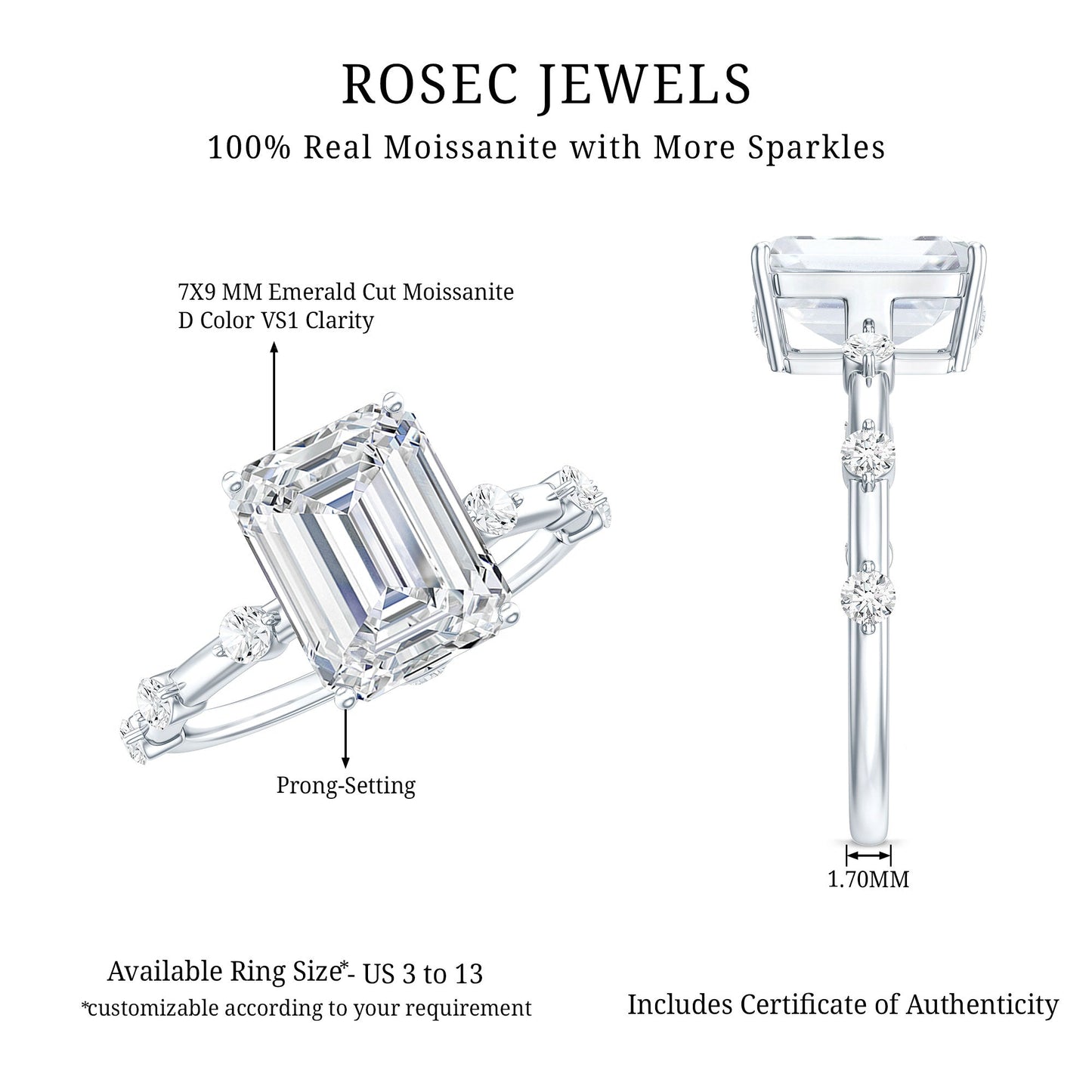 Emerald Cut Moissanite Large Engagement Ring With Certificate