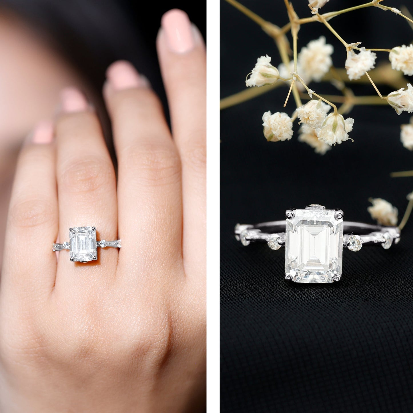 Emerald Cut Moissanite Large Engagement Ring With Certificate