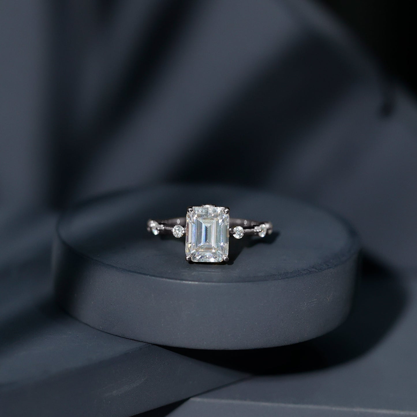 Emerald Cut Moissanite Large Engagement Ring With Certificate