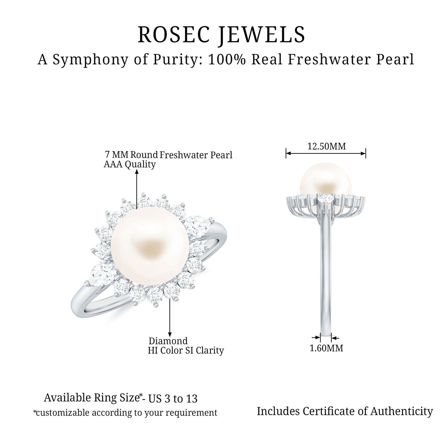 Cultured 3 Carat Freshwater Pearl Engagement Ring with Diamond Halo