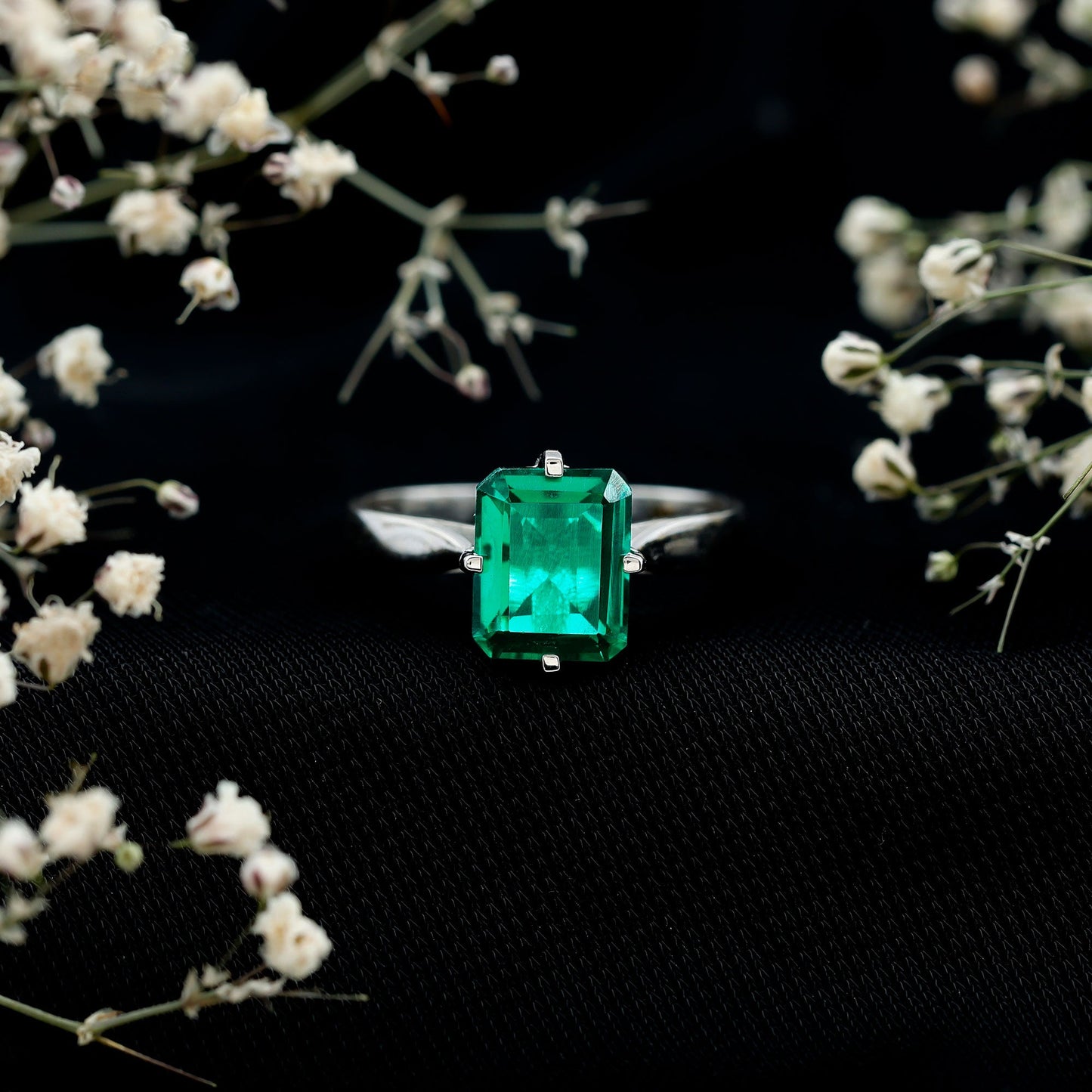 3 Carat Emerald Cut Lab Grown Emerald Solitaire Engagement Ring