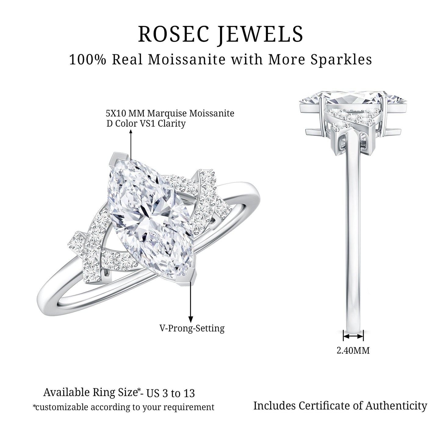 Certified 1 Carat Moissanite Marquise Engagement Ring in Split Shank