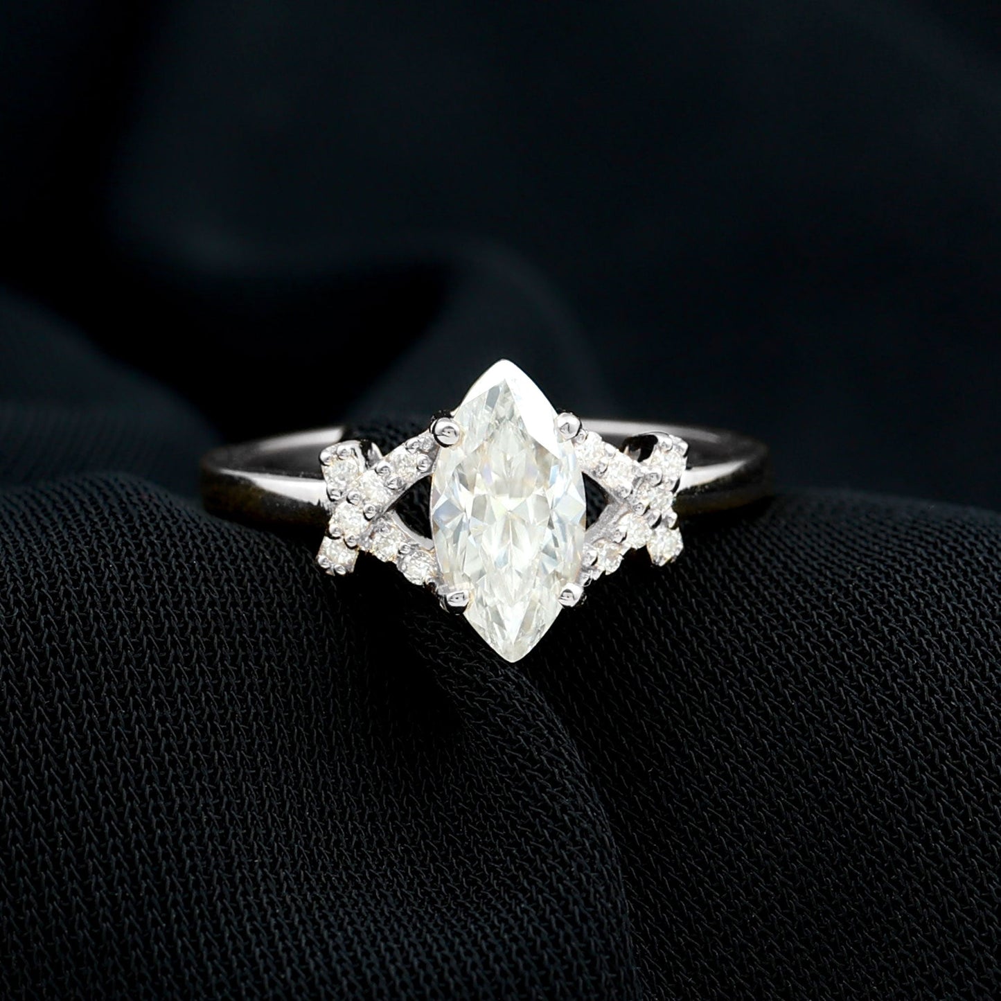 Certified 1 Carat Moissanite Marquise Engagement Ring in Split Shank