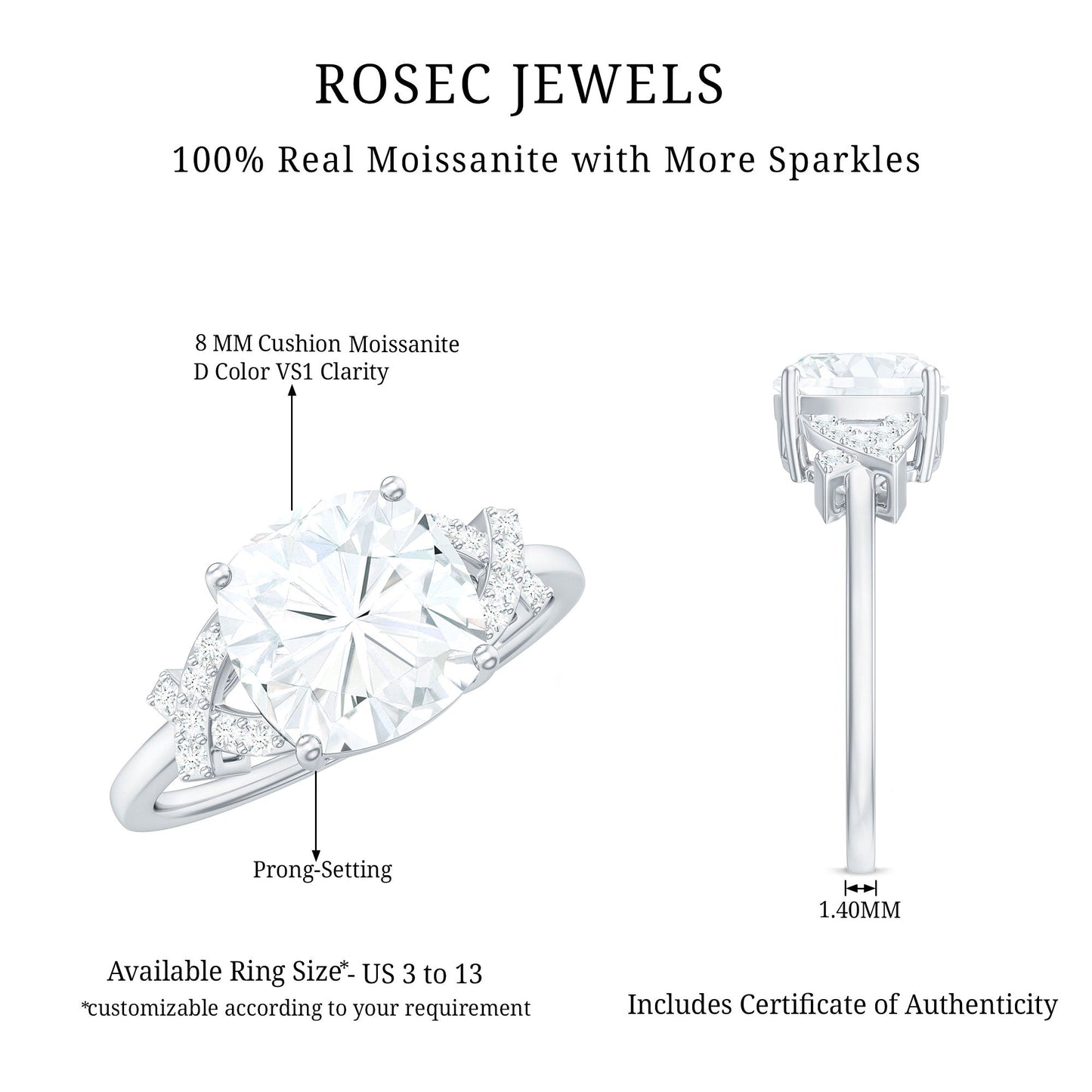 3 Carat Cushion Cut Moissanite Solitaire Engagement Ring for Women
