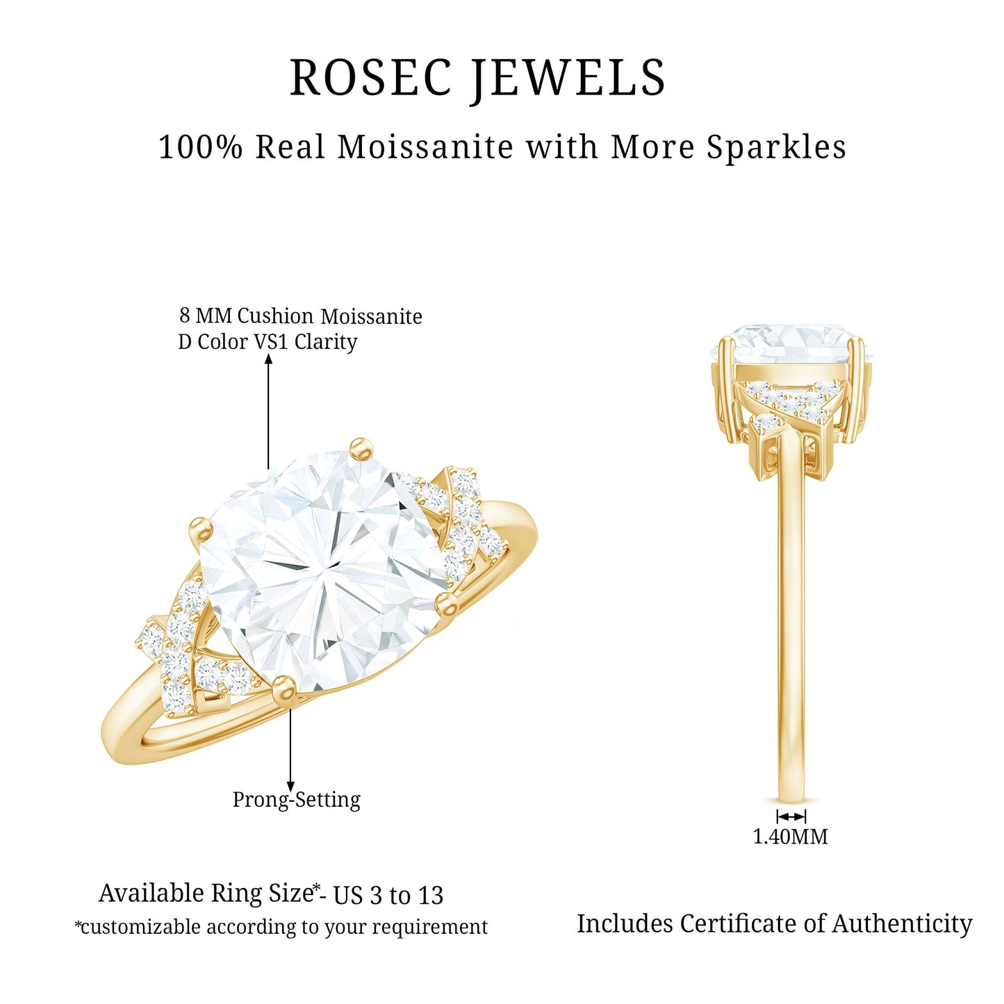 3 Carat Cushion Cut Moissanite Solitaire Engagement Ring for Women