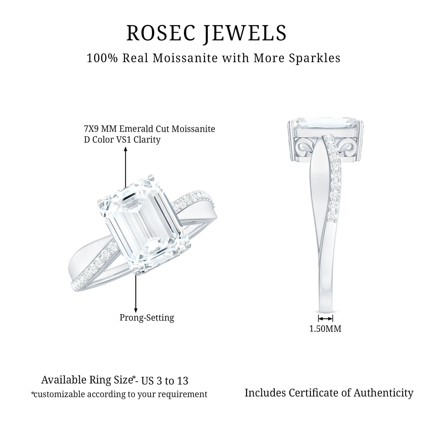 2.8 Carat Emerald Cut Moissanite Solitaire Classic Engagement Ring