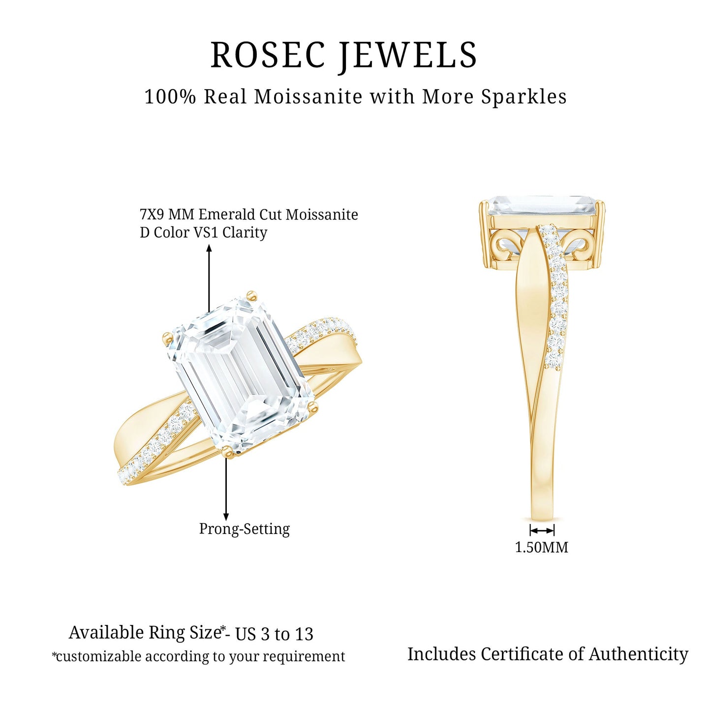 2.8 Carat Emerald Cut Moissanite Solitaire Classic Engagement Ring