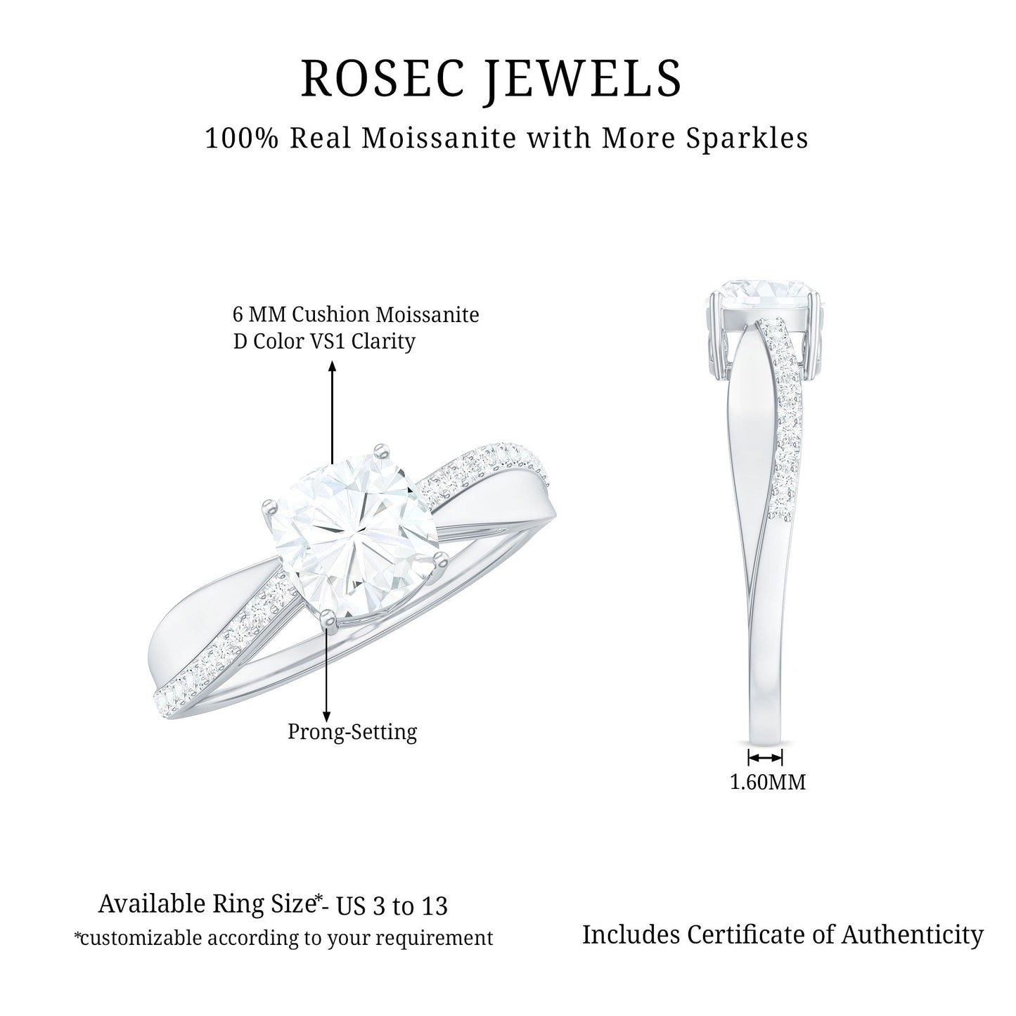 Cushion Cut Moissanite Bypass Engagement Ring
