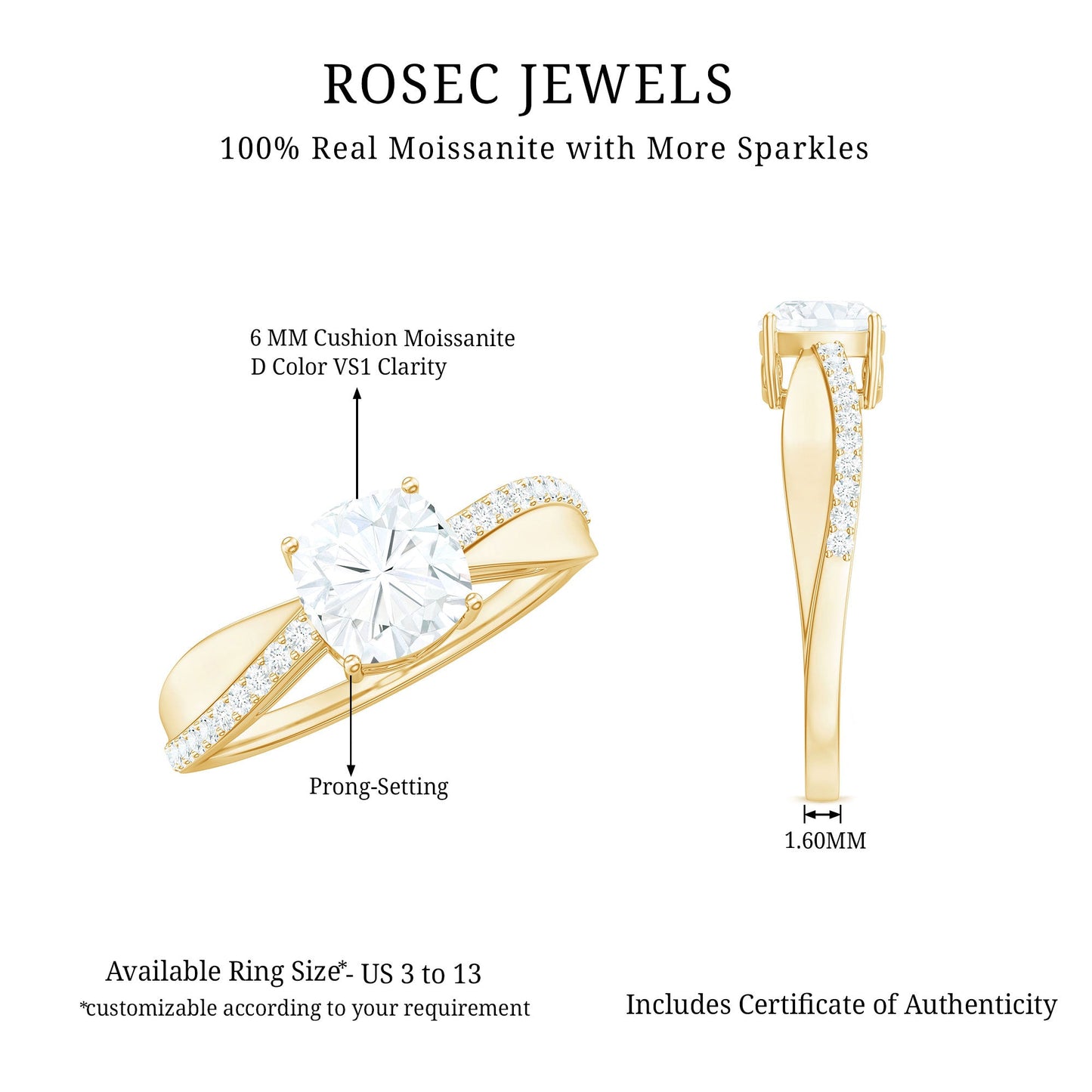 Cushion Cut Moissanite Bypass Engagement Ring