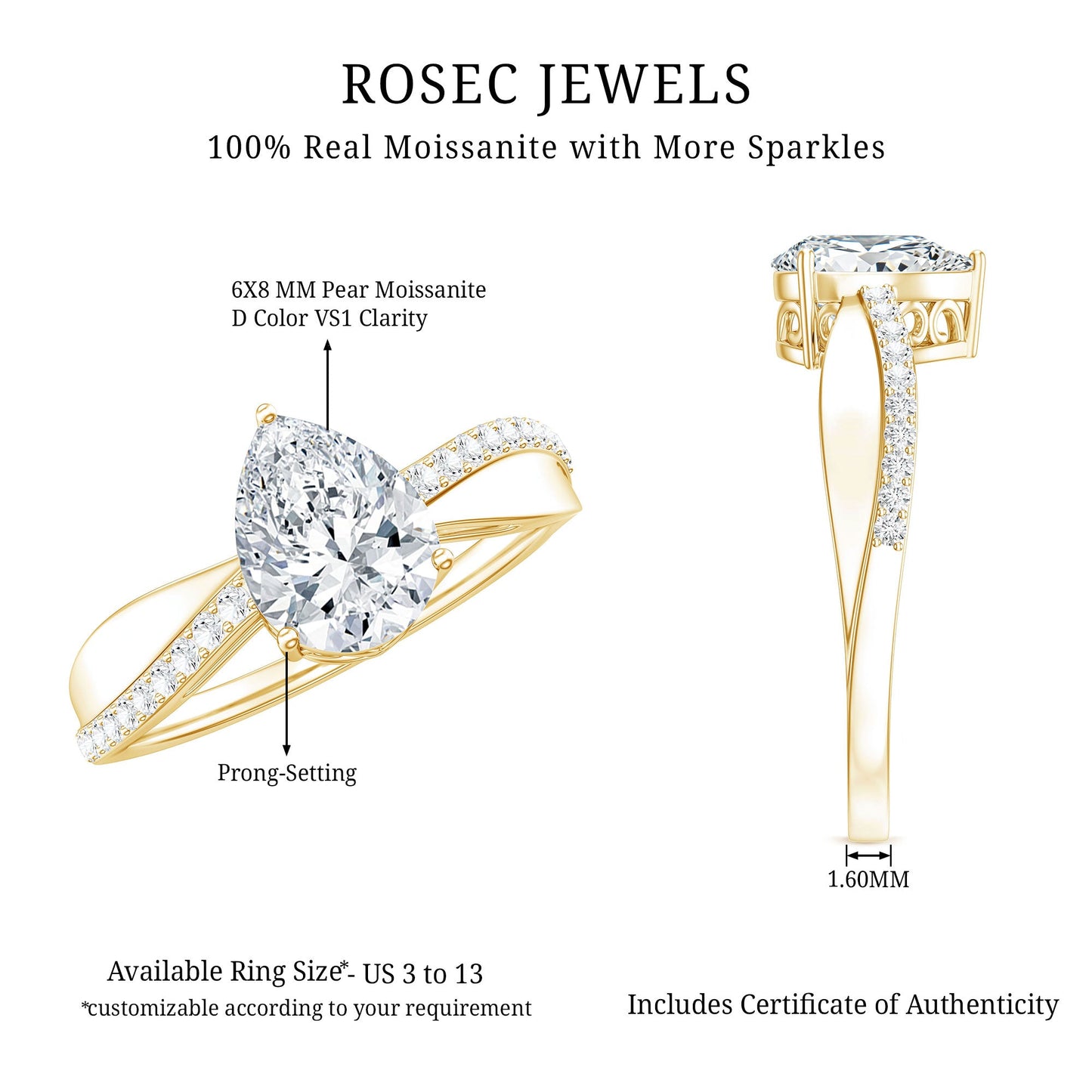 1.3 Carat Pear Shape Moissanite Solitaire Engagement Ring