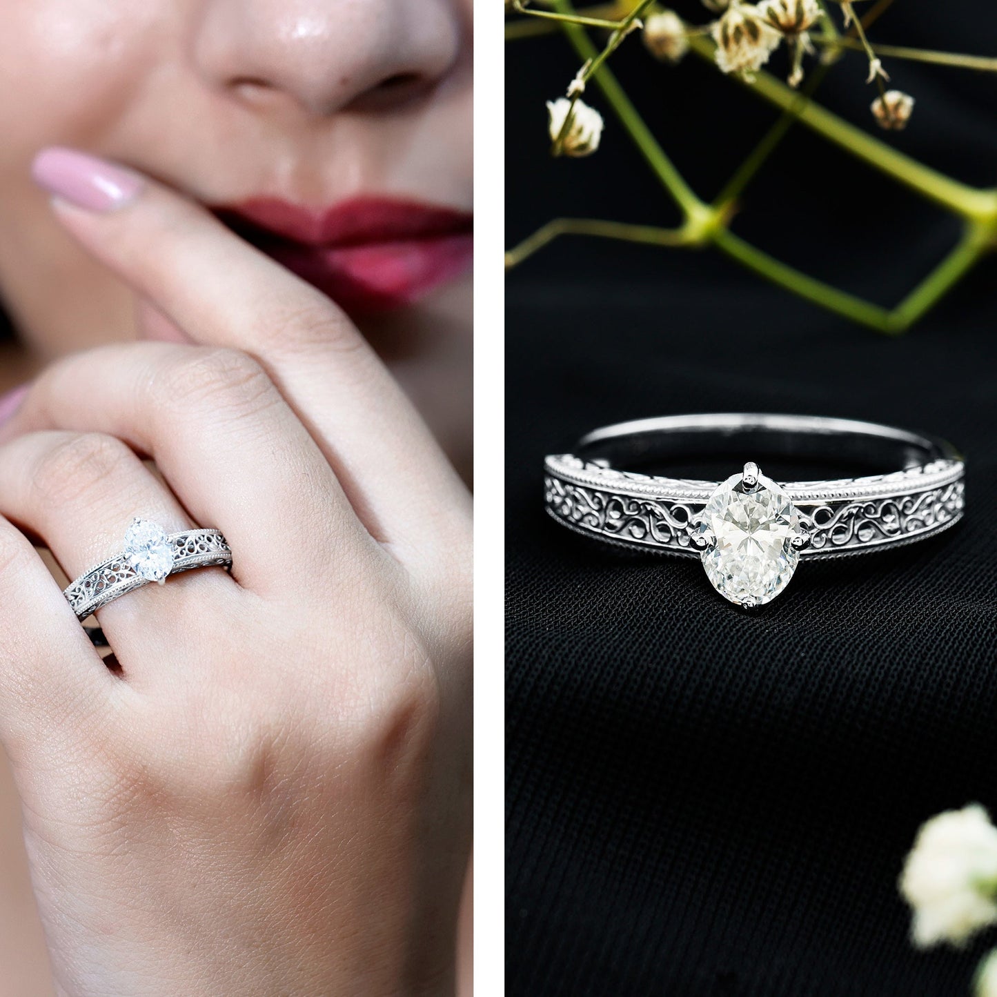 1.2 Carat Moissanite Oblong Engagement Ring with Filigree Shank