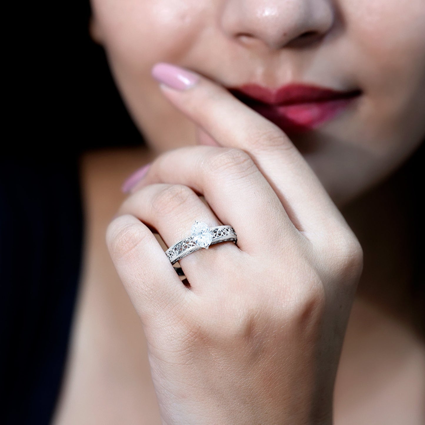 1.2 Carat Moissanite Oblong Engagement Ring with Filigree Shank
