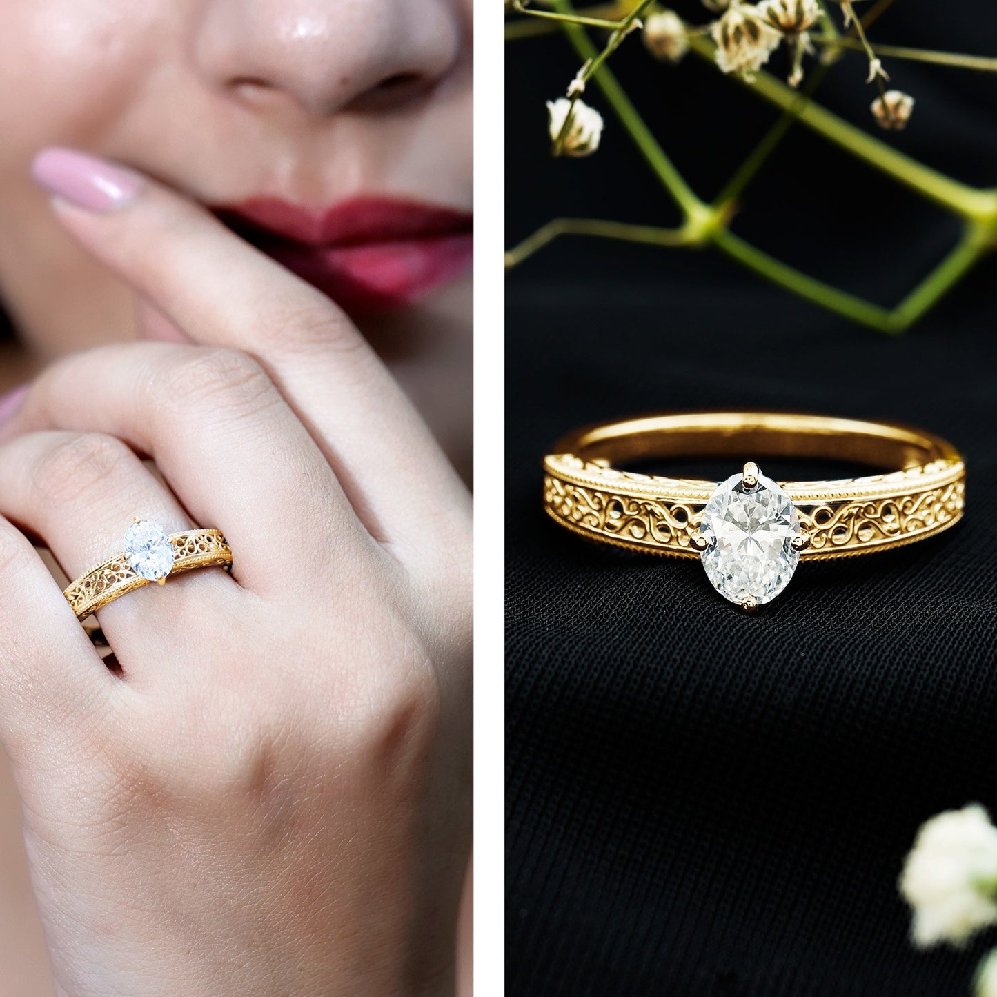 1.2 Carat Moissanite Oblong Engagement Ring with Filigree Shank