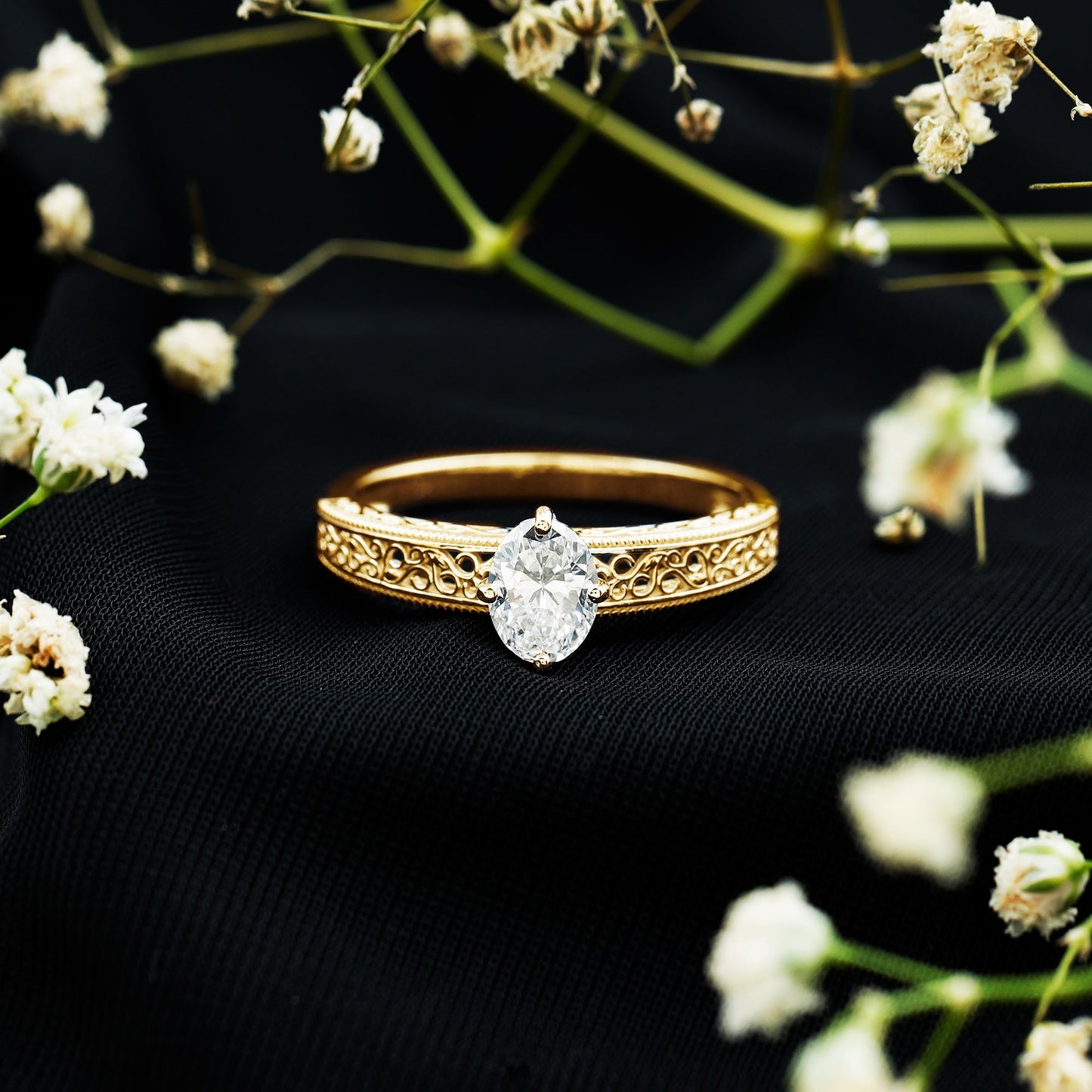 1.2 Carat Moissanite Oblong Engagement Ring with Filigree Shank