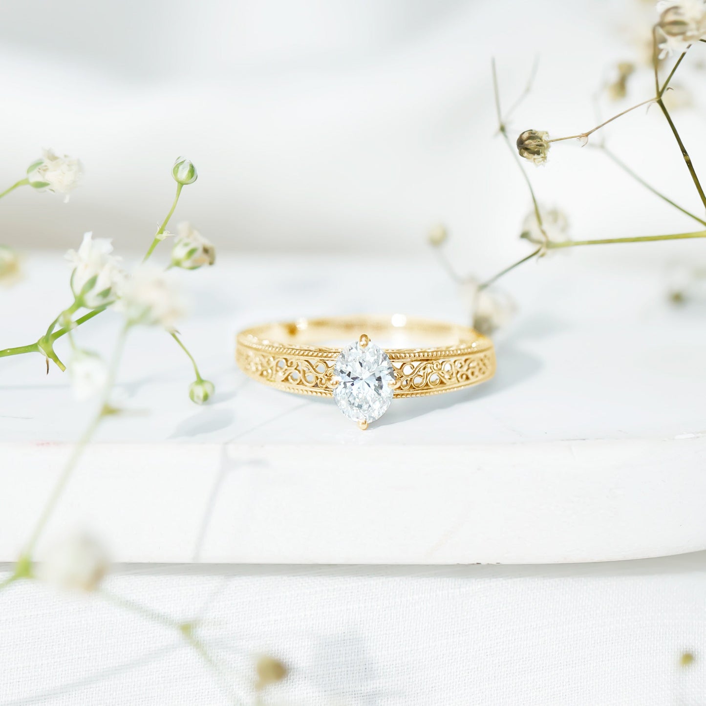1.2 Carat Moissanite Oblong Engagement Ring with Filigree Shank