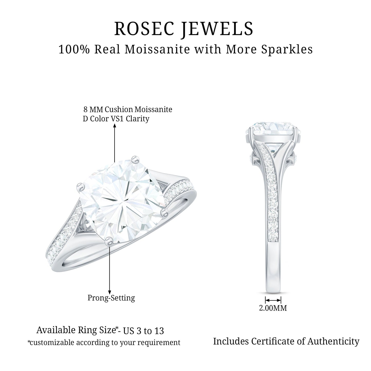 Huge Cushion Cut Moissanite Engagement Ring with Split Shank