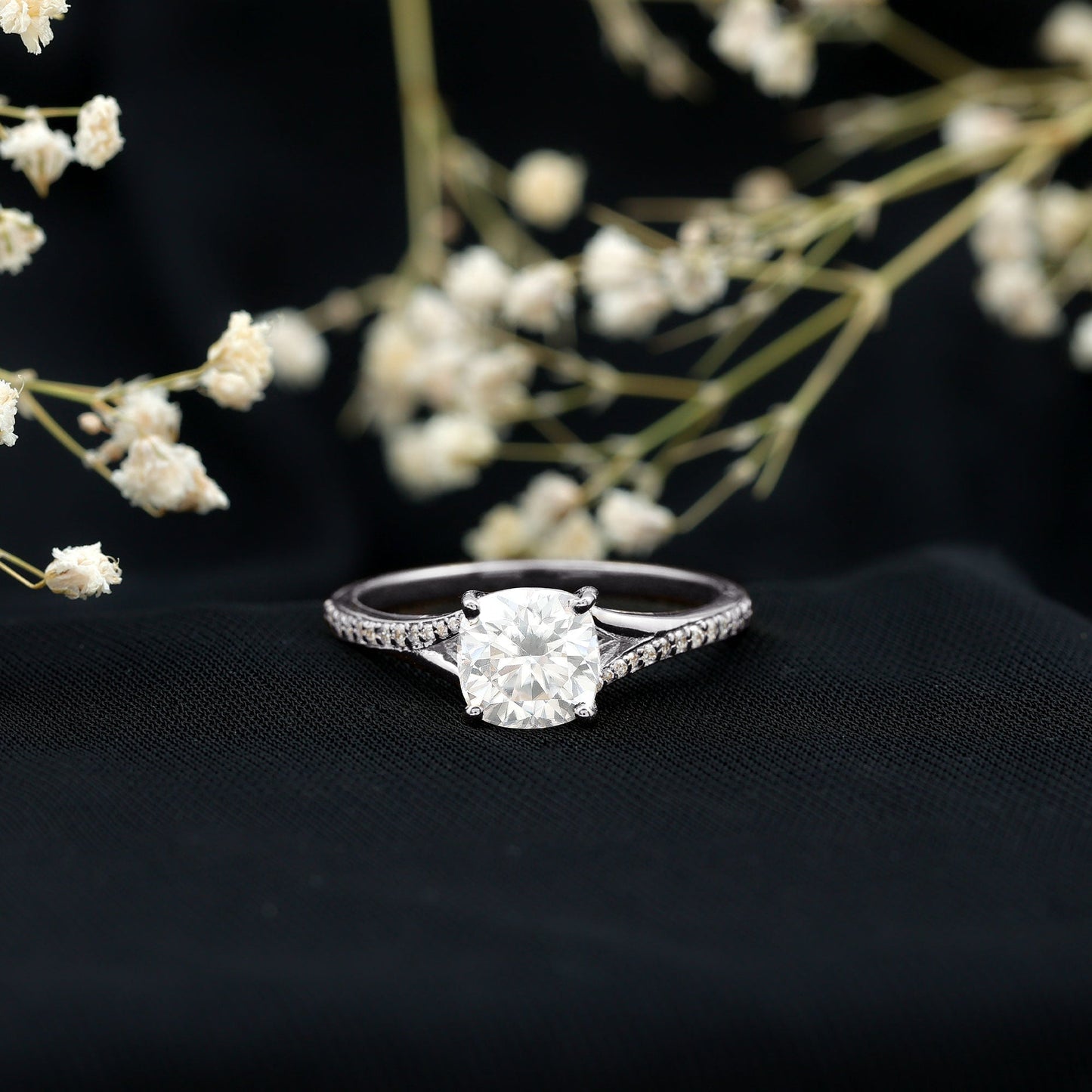 Huge Cushion Cut Moissanite Engagement Ring with Split Shank