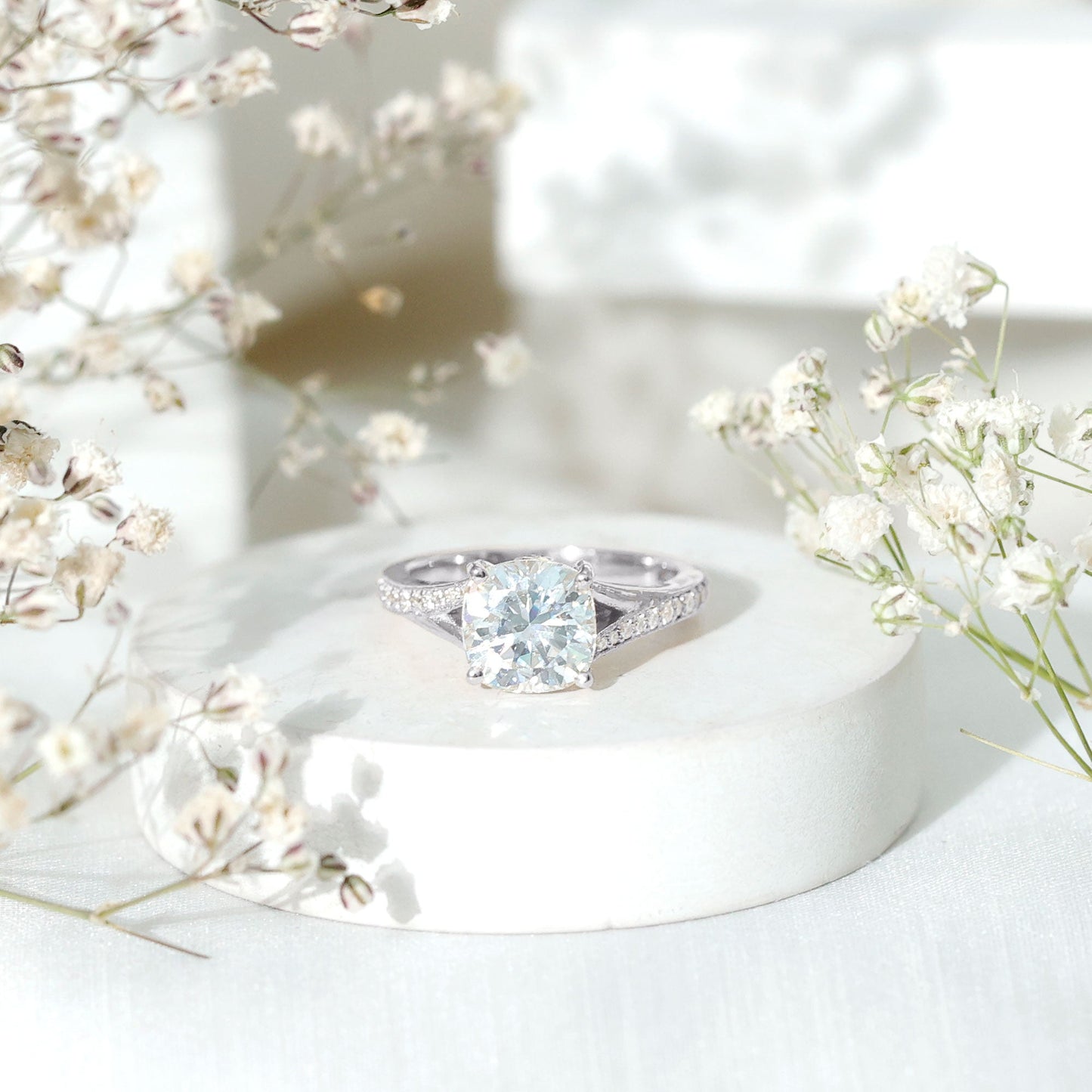 Huge Cushion Cut Moissanite Engagement Ring with Split Shank
