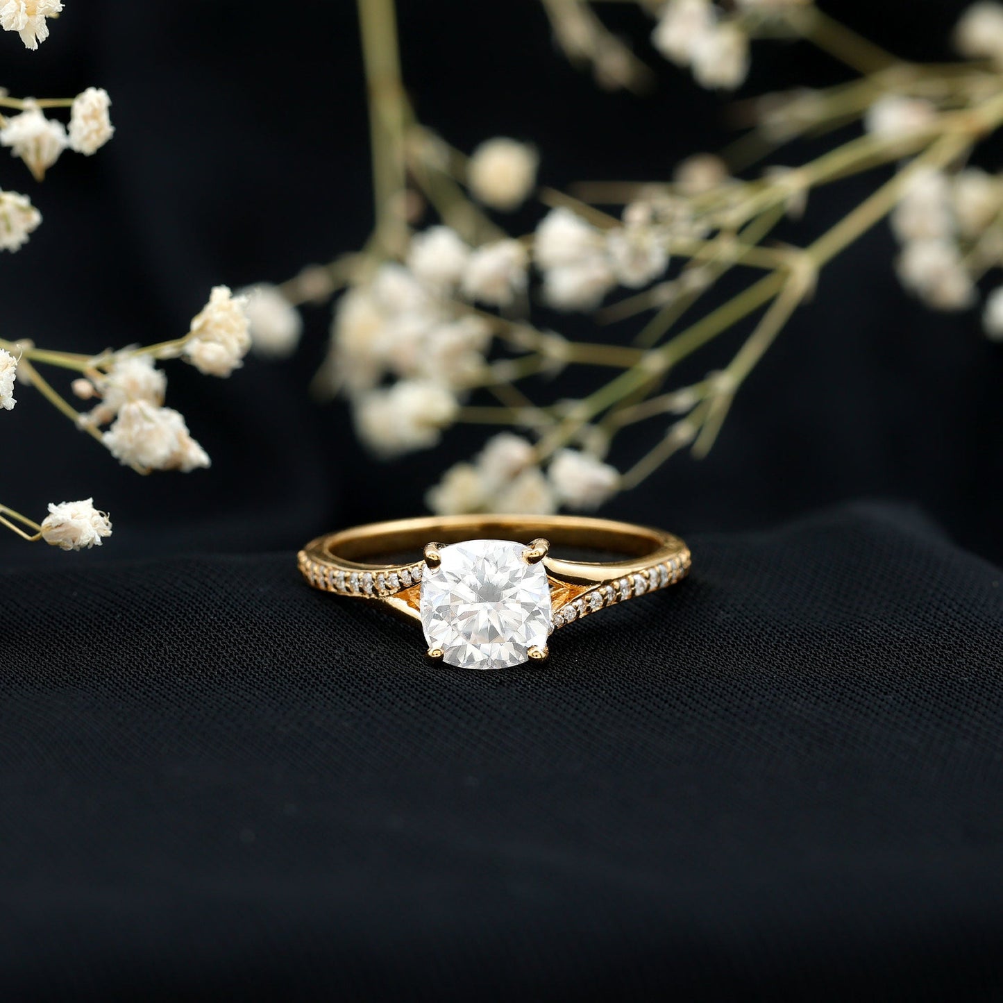 Huge Cushion Cut Moissanite Engagement Ring with Split Shank