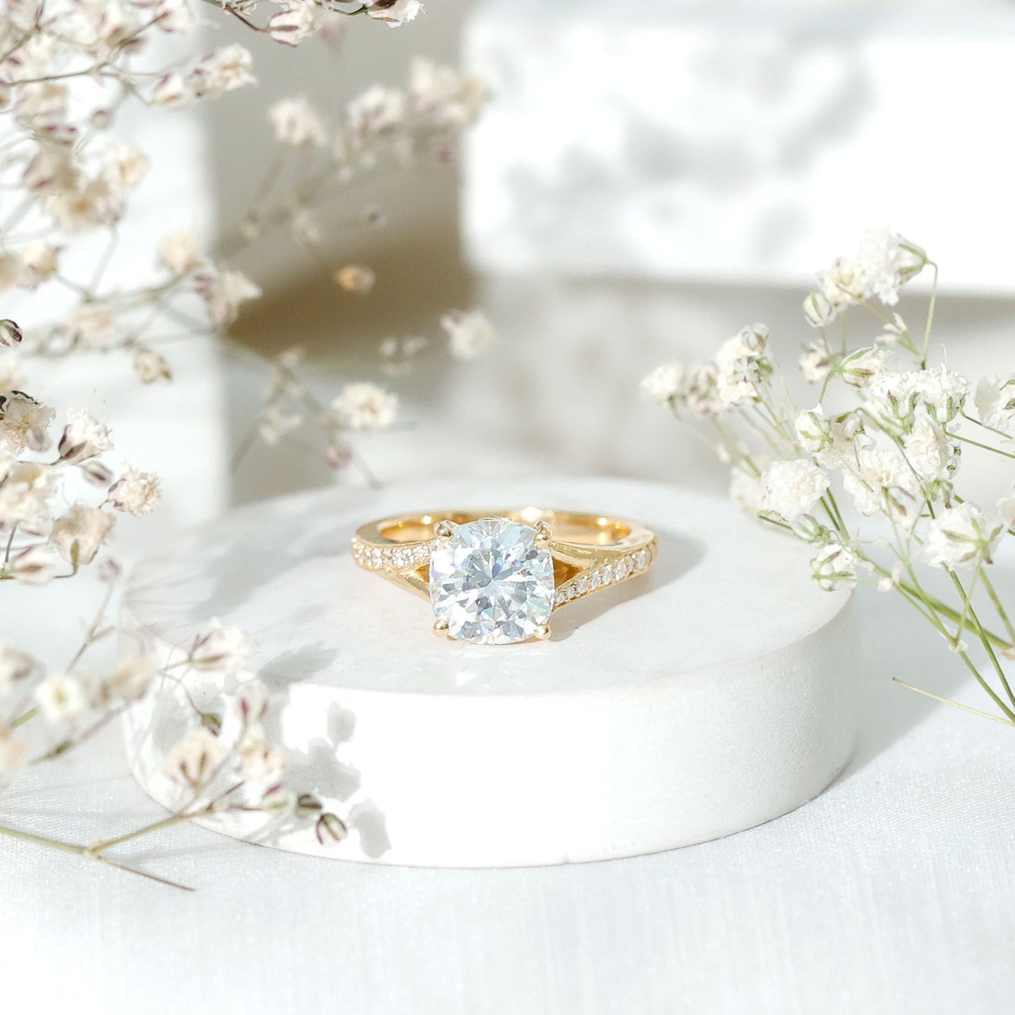 Huge Cushion Cut Moissanite Engagement Ring with Split Shank