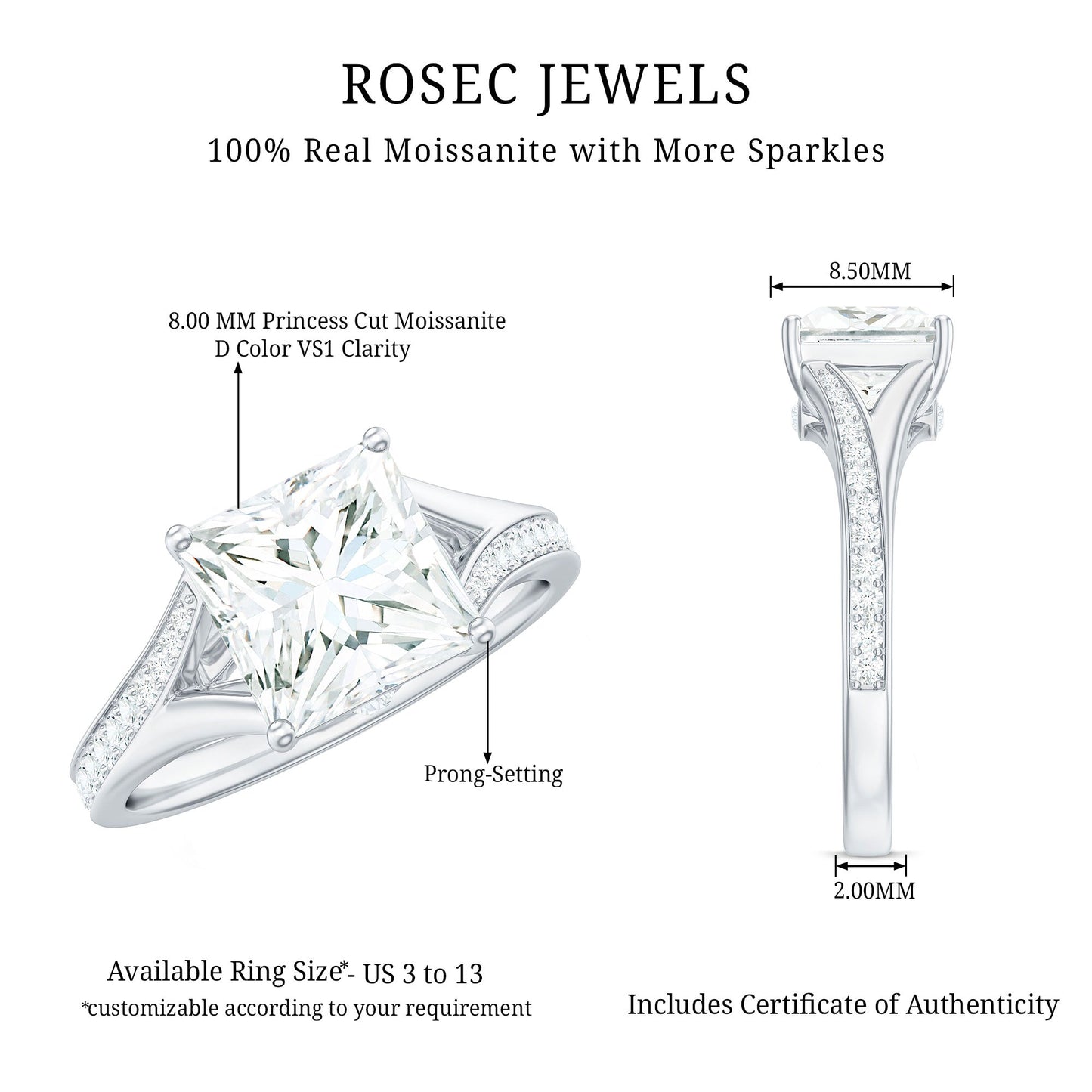 3 Carat Princess Cut Moissanite Solitaire Engagement Ring with Split Shank