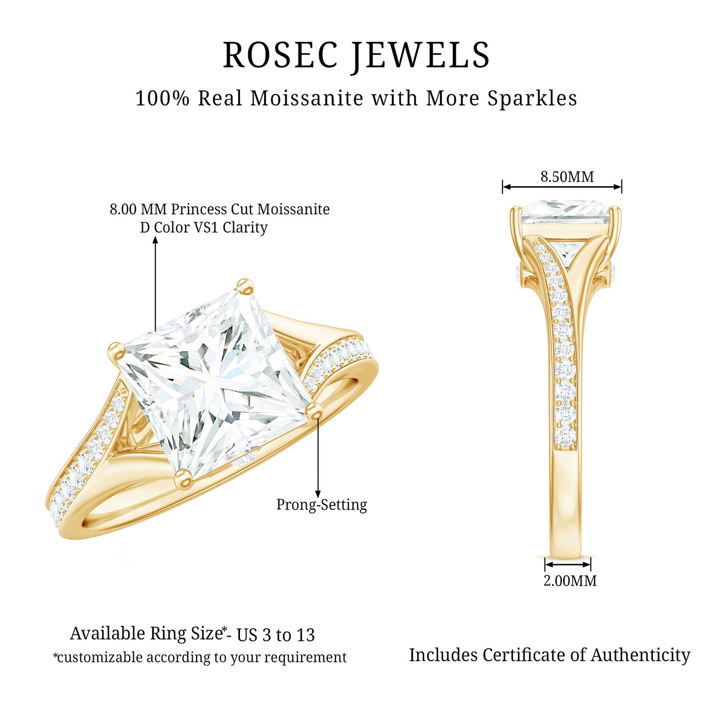 3 Carat Princess Cut Moissanite Solitaire Engagement Ring with Split Shank