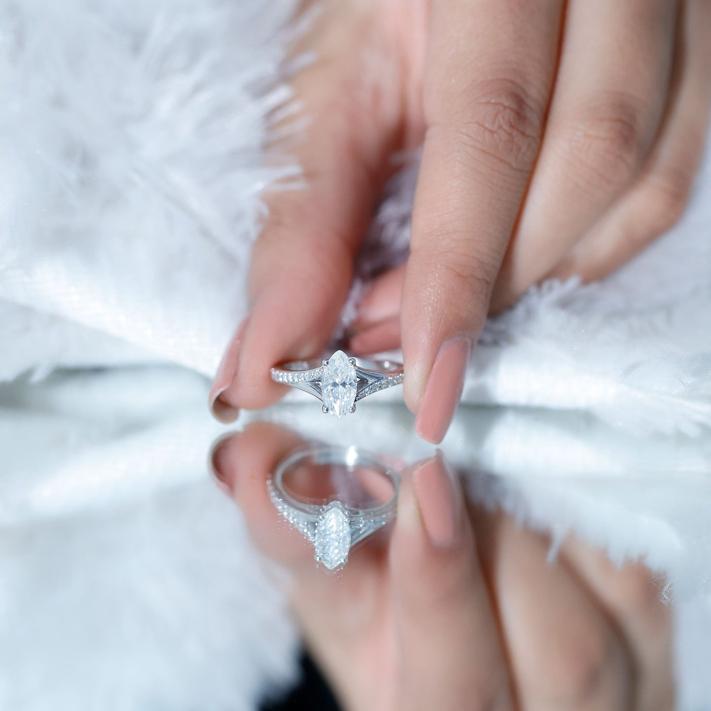 Marquise Cut Moissanite Solitaire Engagement Ring with Split Shank