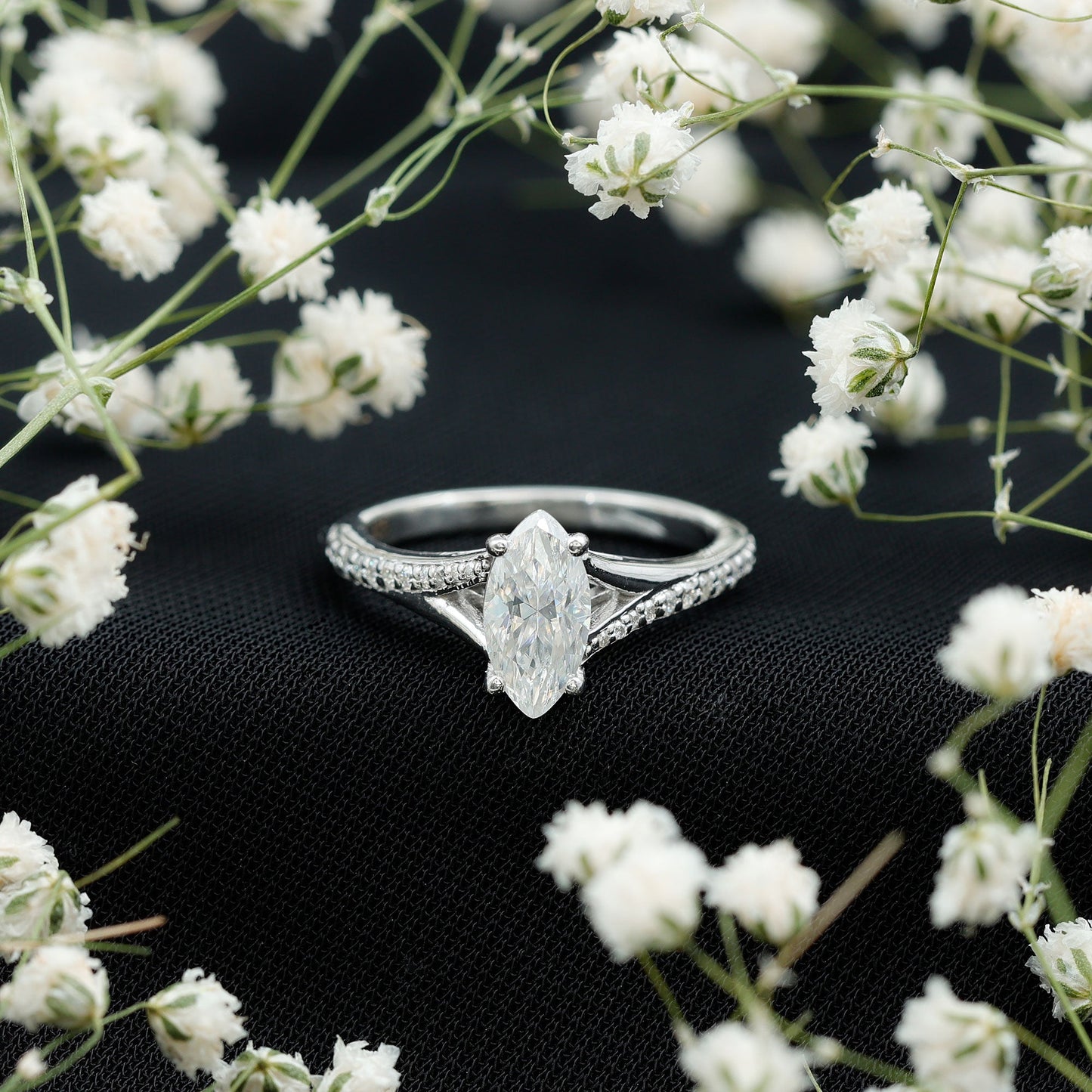 Marquise Cut Moissanite Solitaire Engagement Ring with Split Shank