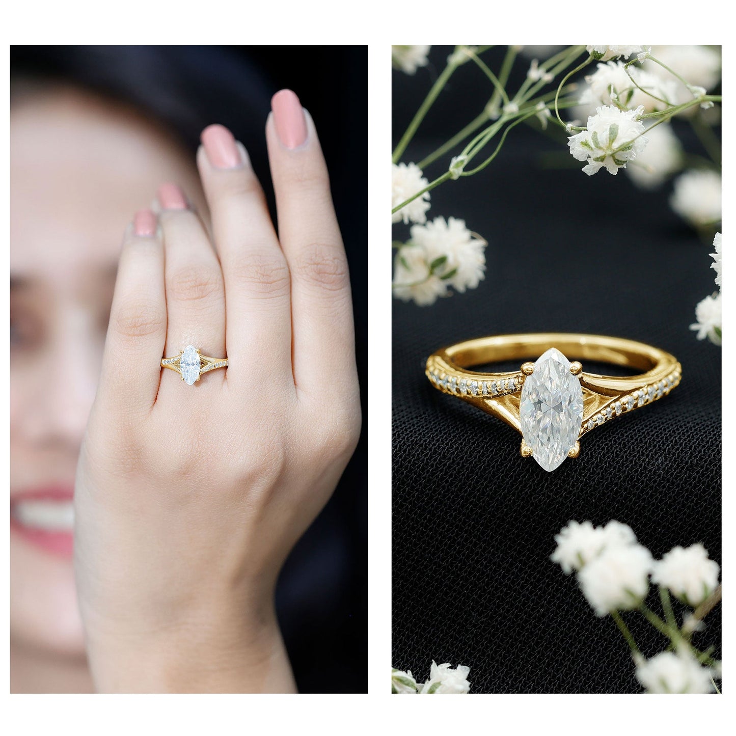 Marquise Cut Moissanite Solitaire Engagement Ring with Split Shank