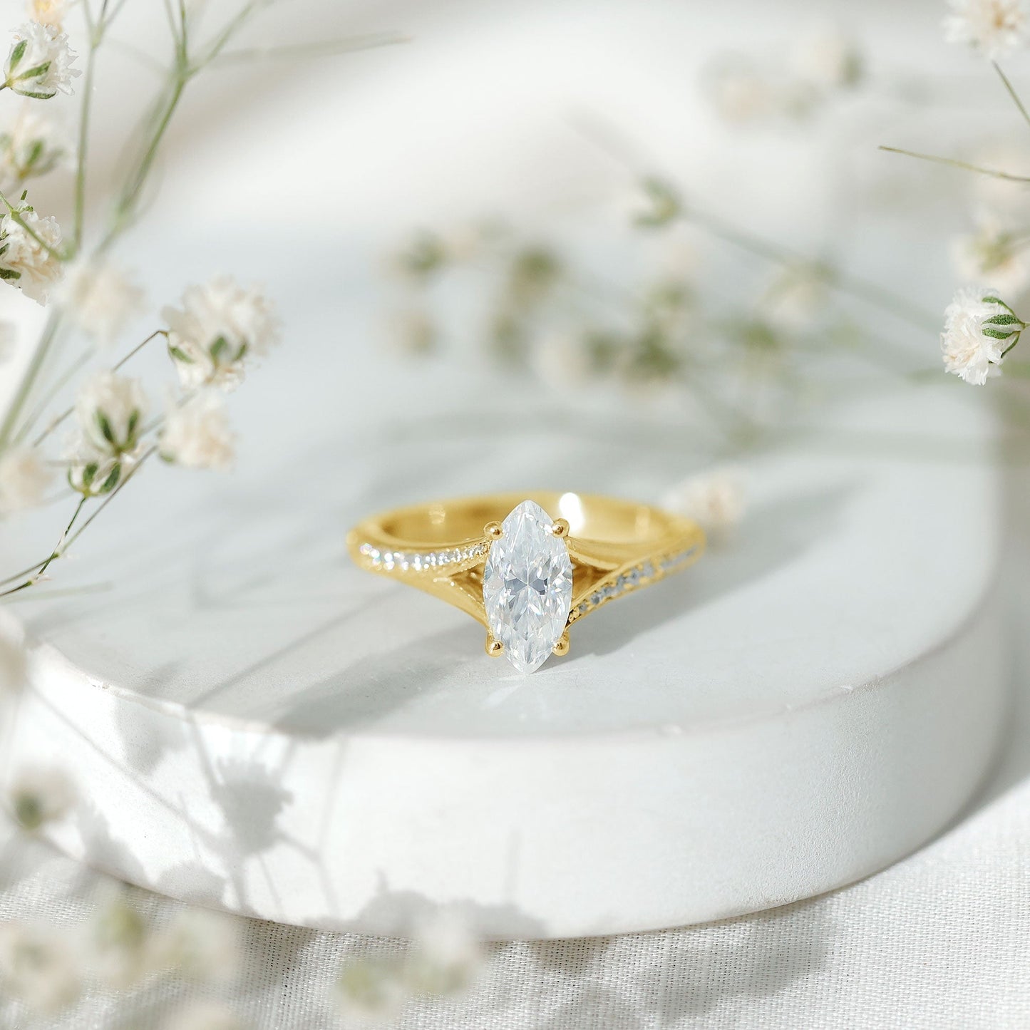 Marquise Cut Moissanite Solitaire Engagement Ring with Split Shank