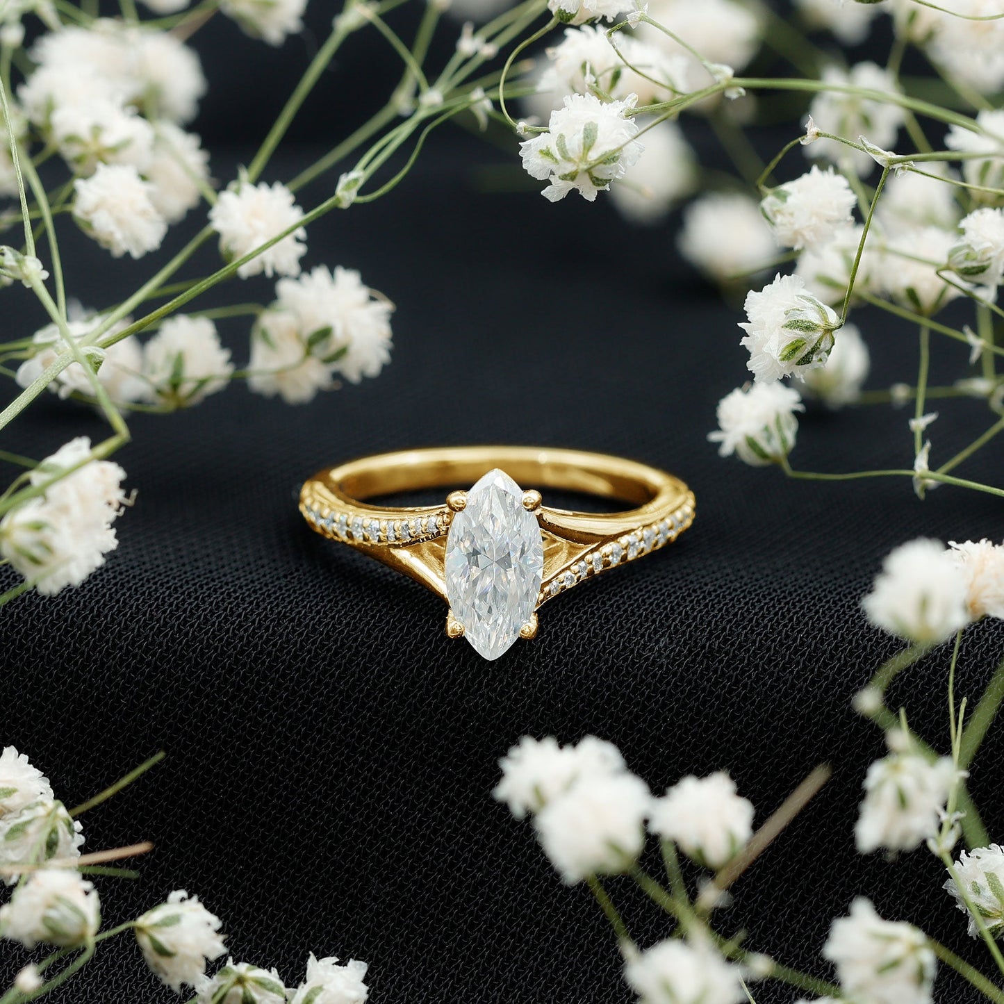 Marquise Cut Moissanite Solitaire Engagement Ring with Split Shank