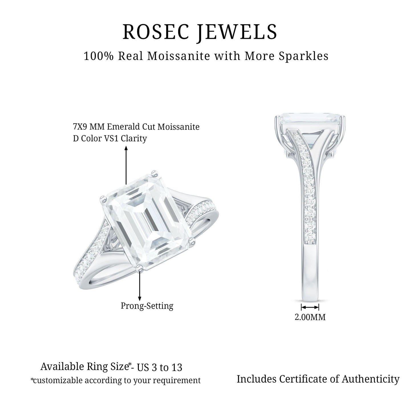 Emerald Cut Moissanite Solitaire Engagement Ring with Split Shank