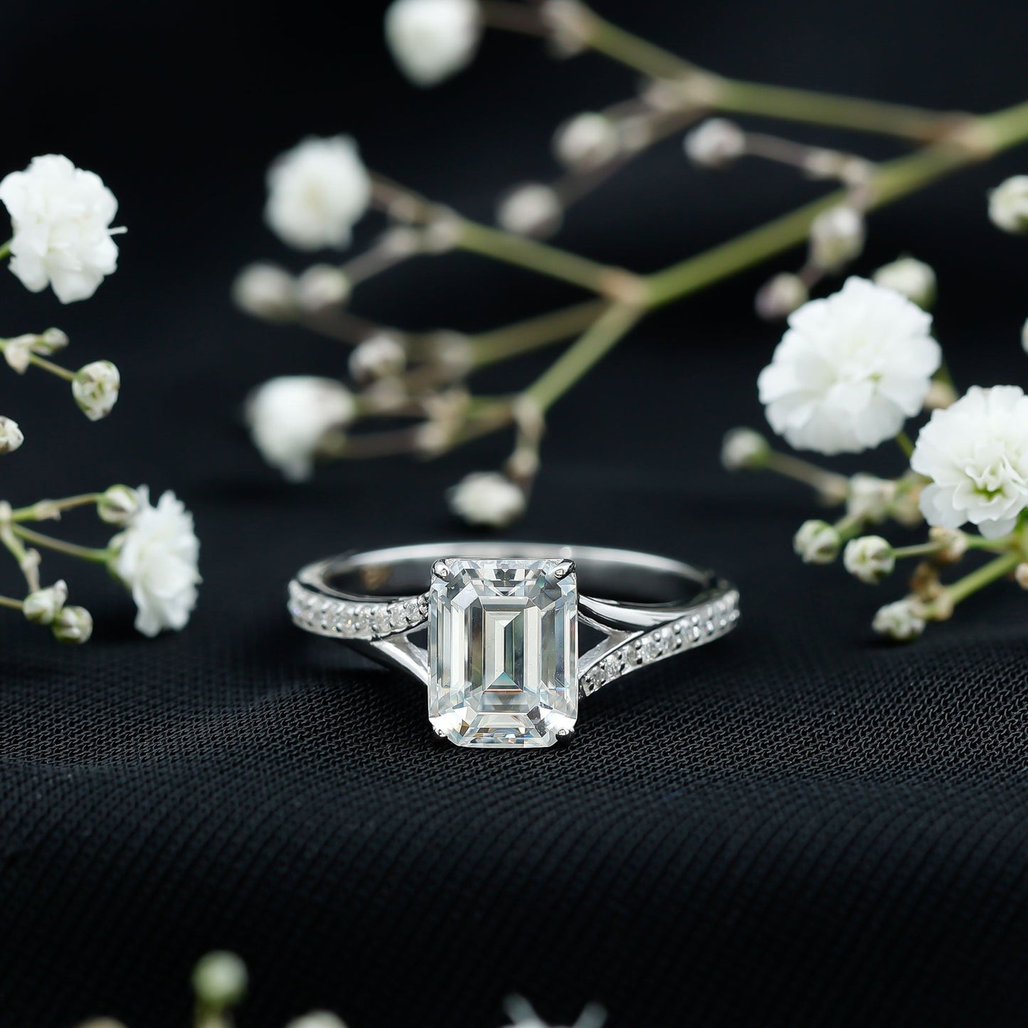 Emerald Cut Moissanite Solitaire Engagement Ring with Split Shank