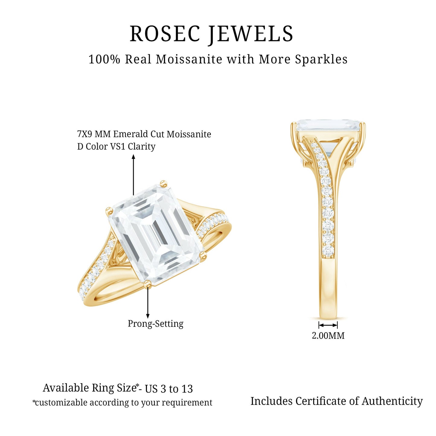 Emerald Cut Moissanite Solitaire Engagement Ring with Split Shank