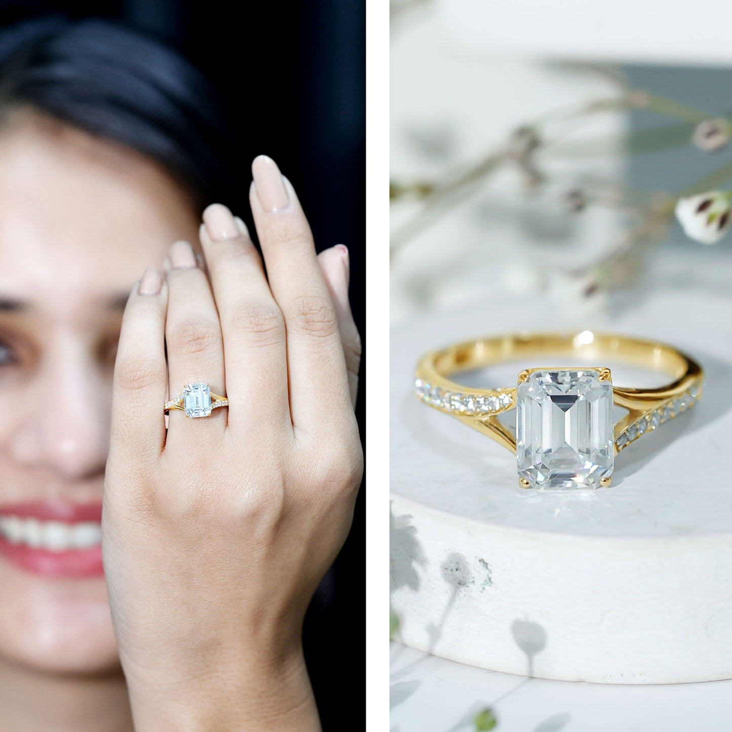 Emerald Cut Moissanite Solitaire Engagement Ring with Split Shank