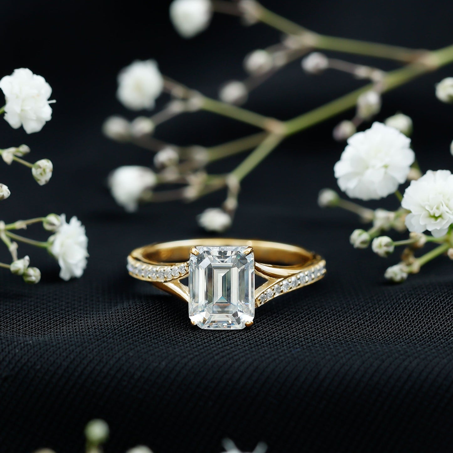 Emerald Cut Moissanite Solitaire Engagement Ring with Split Shank