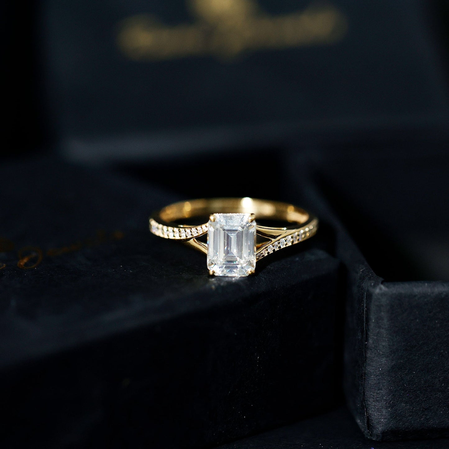 Emerald Cut Moissanite Solitaire Engagement Ring with Split Shank