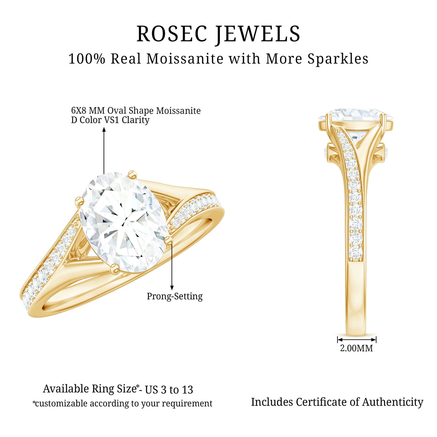 1.2 Carat Oval Cut Moissanite Solitaire Engagement Ring with Split Shank