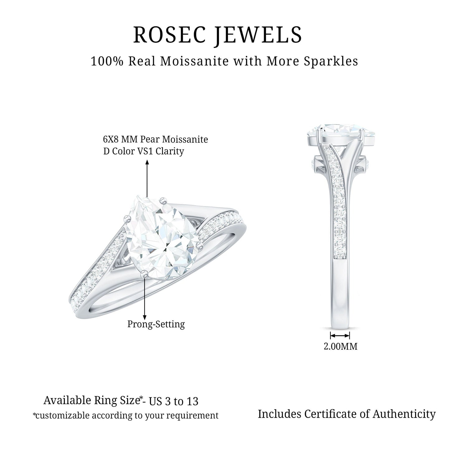 1.3 Carat Pear Cut Moissanite Solitaire Engagement Ring with Split Shank