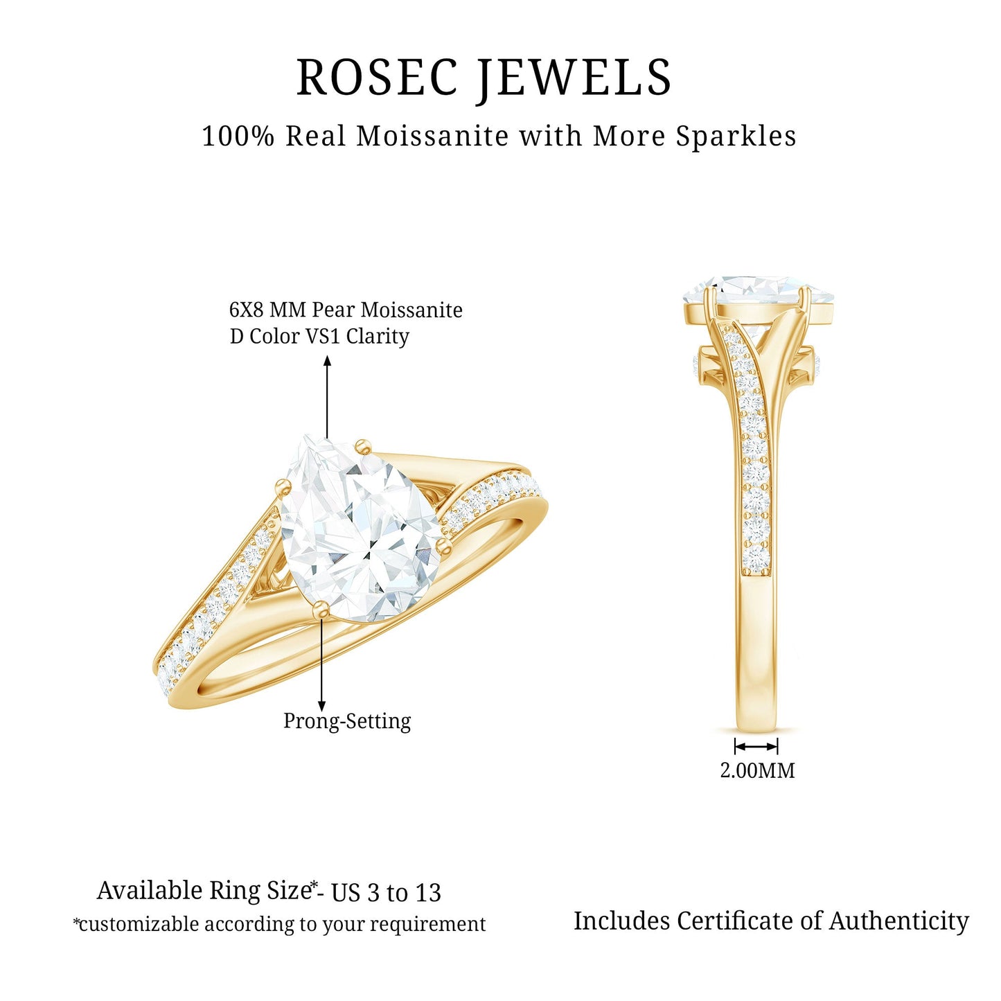 1.3 Carat Pear Cut Moissanite Solitaire Engagement Ring with Split Shank