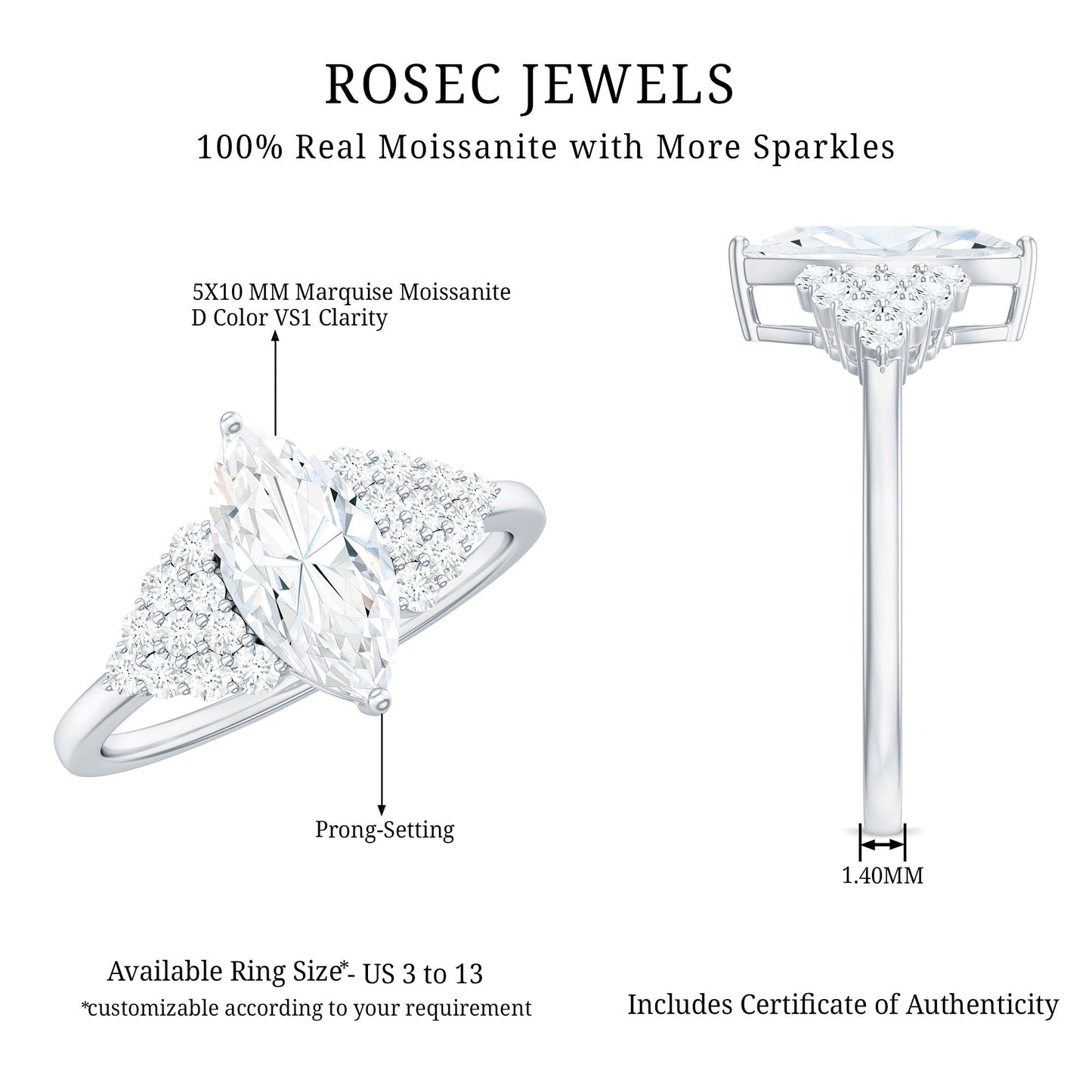 1 Carat Marquise Cut Moissanite Classic Engagement Ring