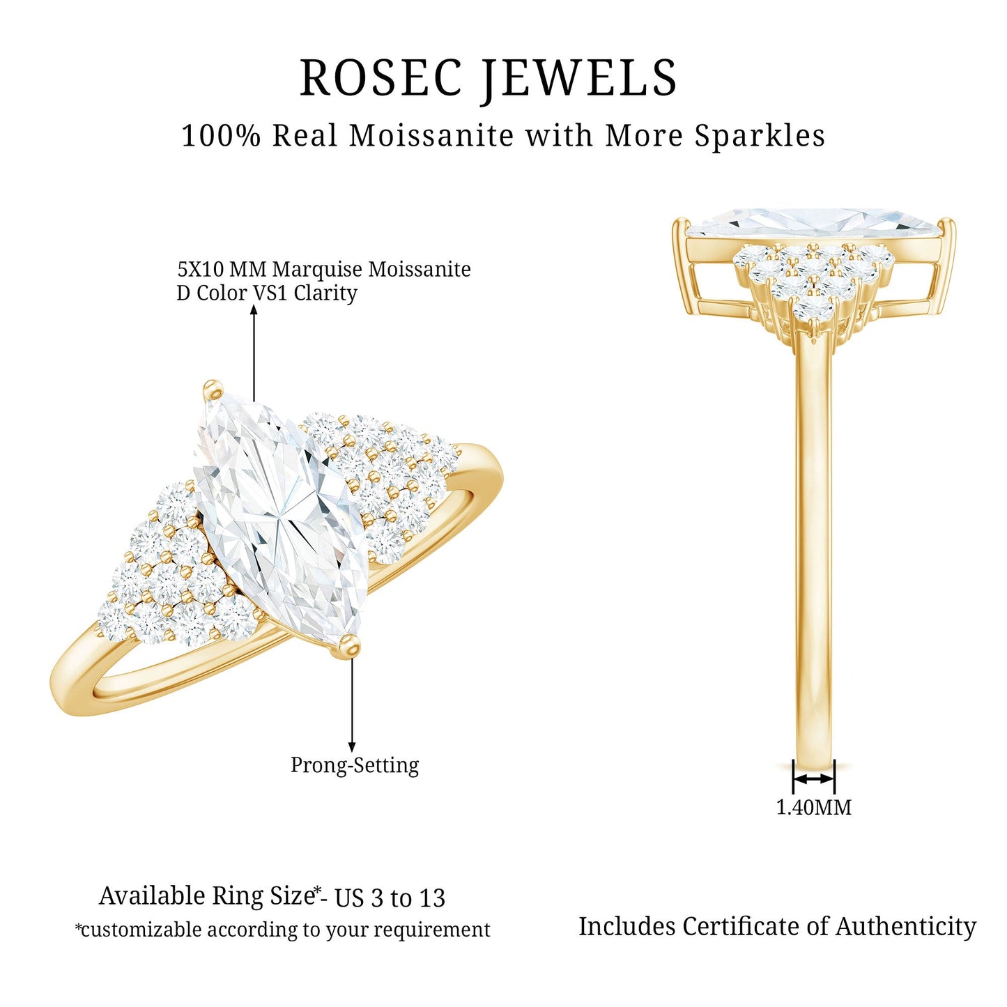 1 Carat Marquise Cut Moissanite Classic Engagement Ring