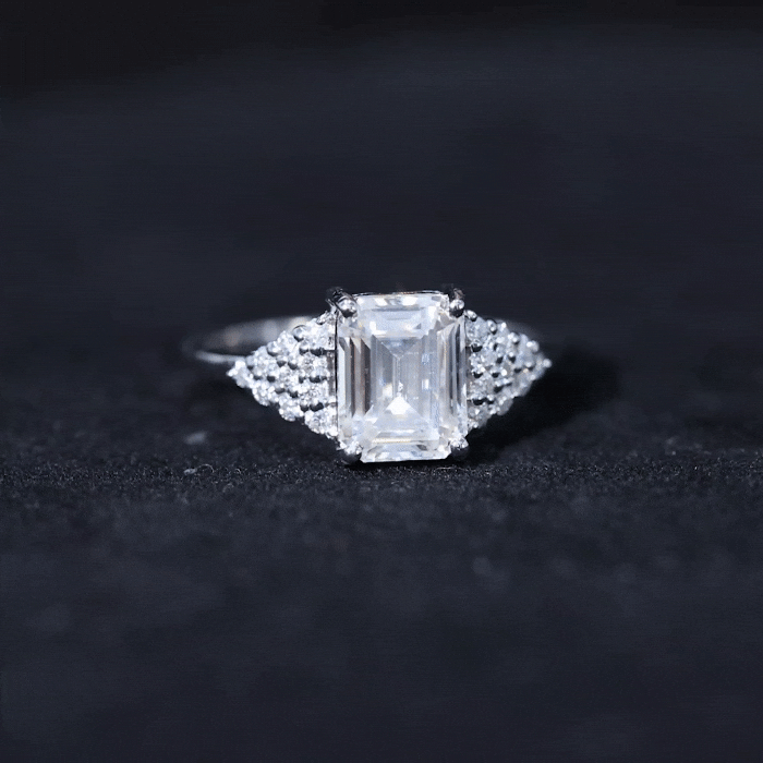 Certified Moissanite Emerald Cut Engagement Ring with Cluster Stones