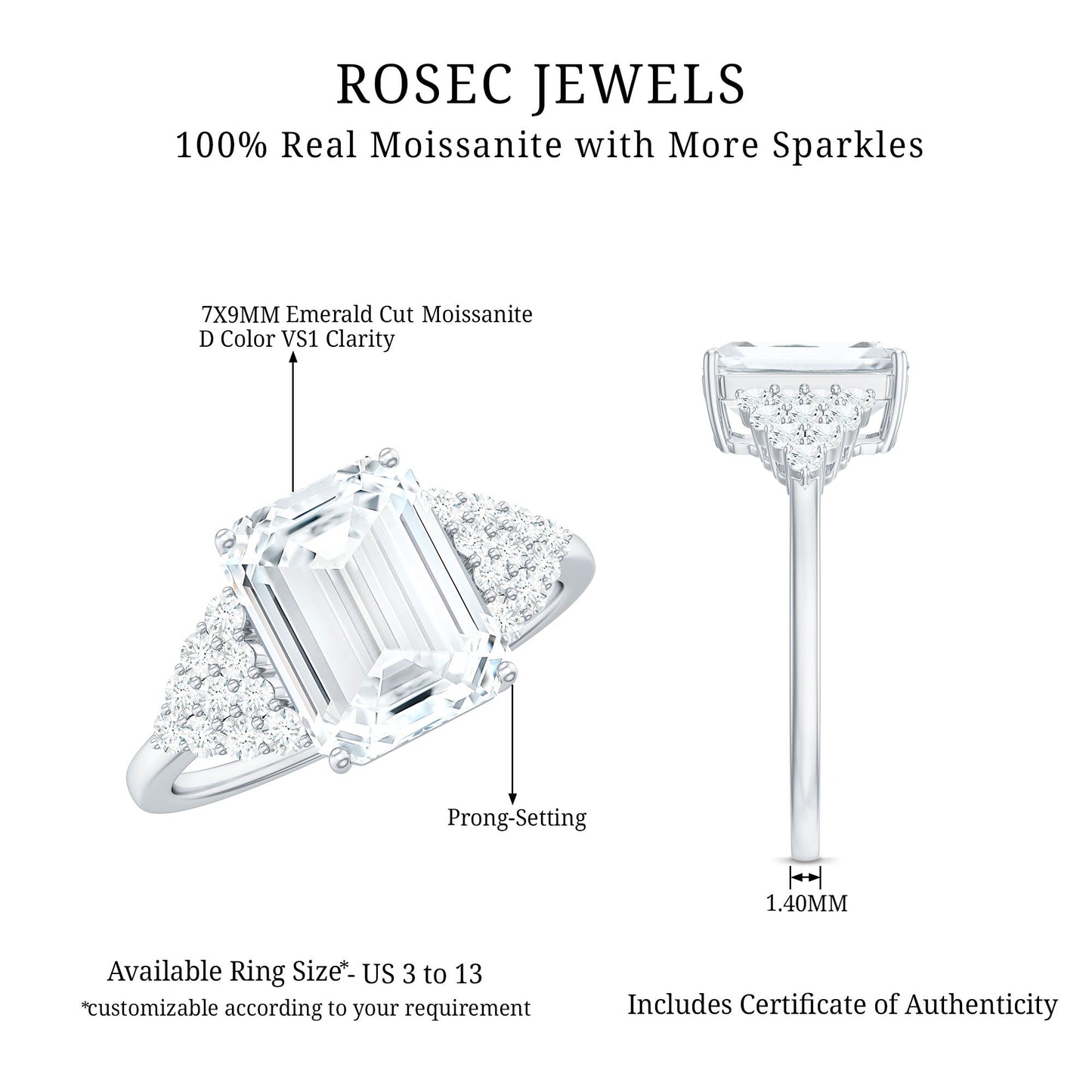 Certified Moissanite Emerald Cut Engagement Ring with Cluster Stones