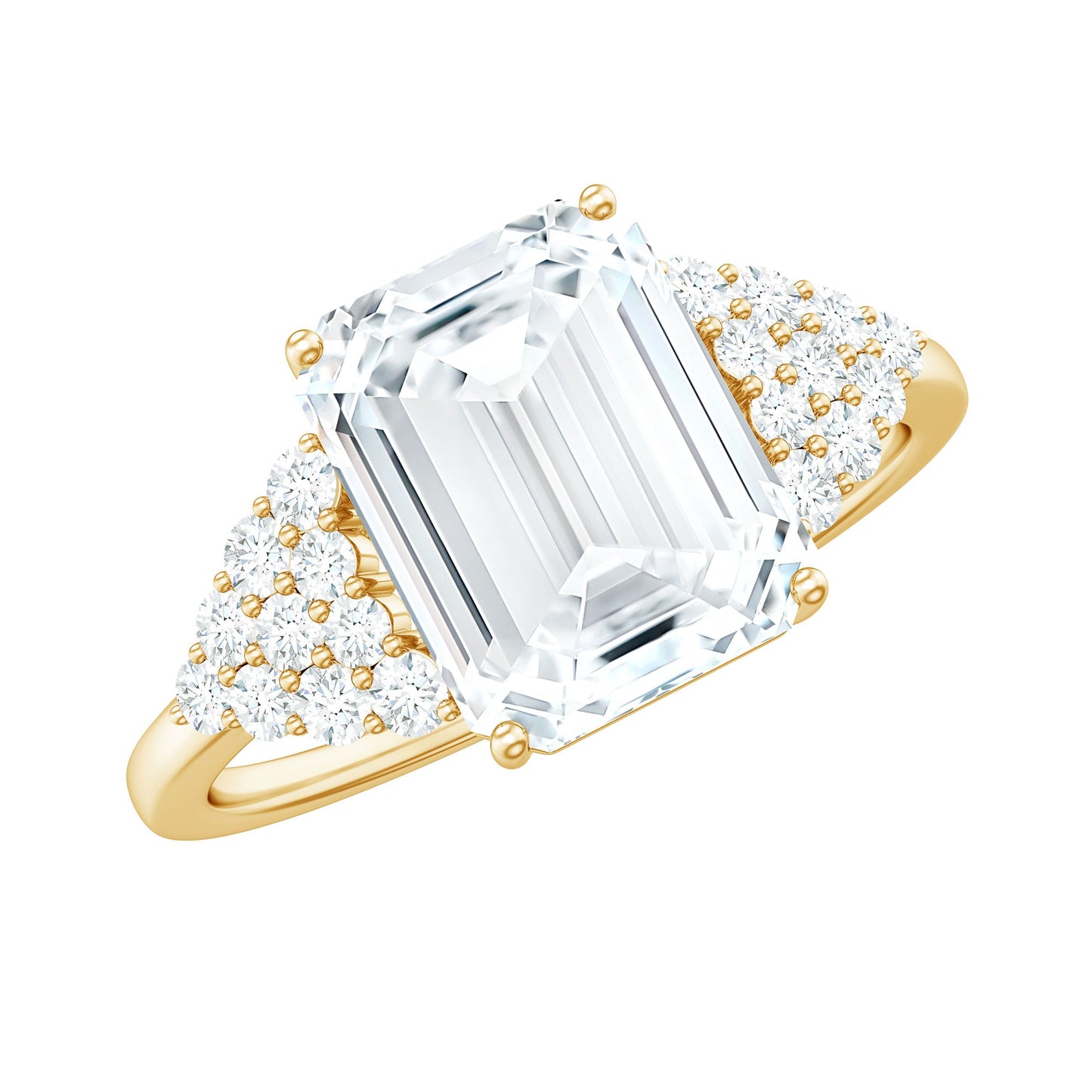 Certified Moissanite Emerald Cut Engagement Ring with Cluster Stones