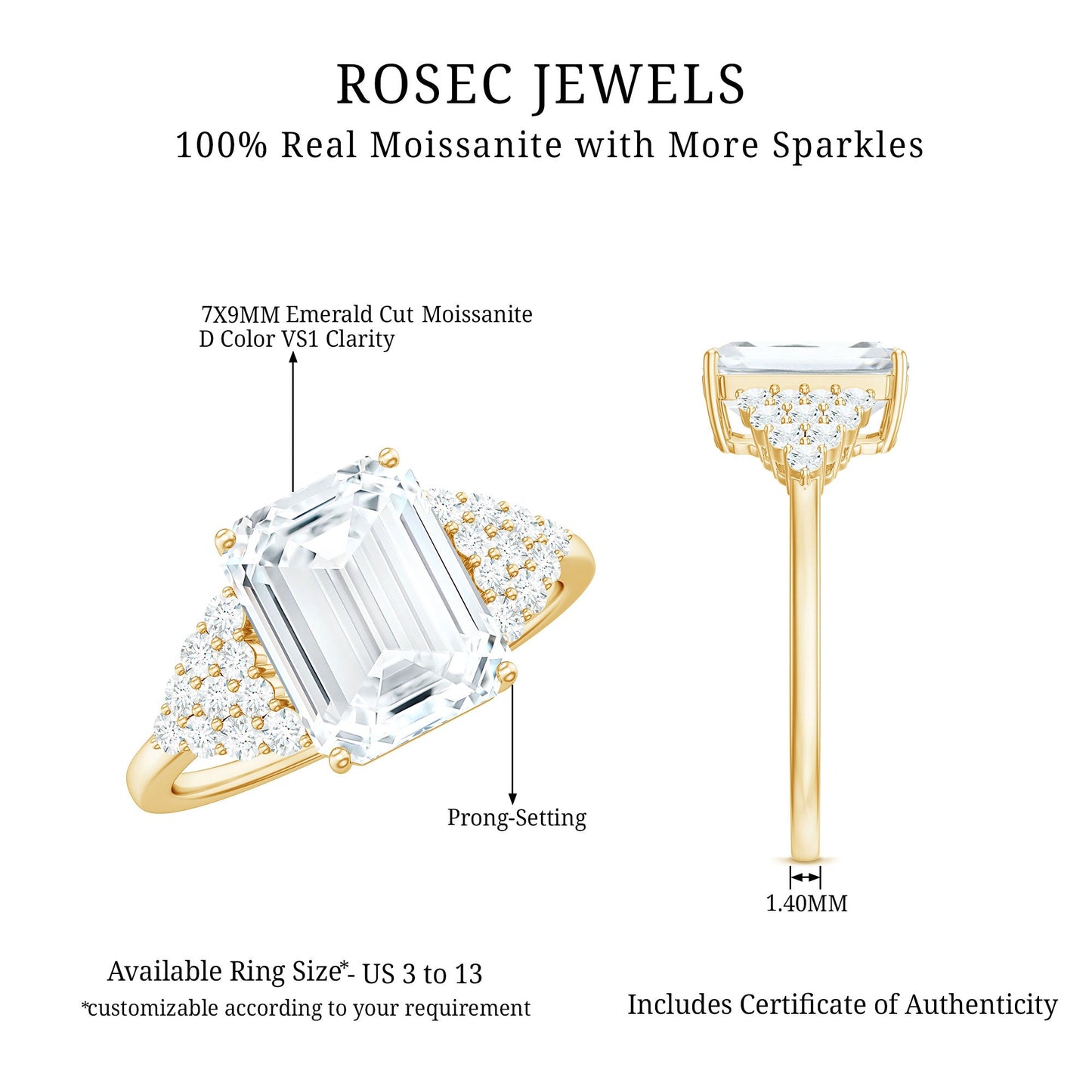 Certified Moissanite Emerald Cut Engagement Ring with Cluster Stones
