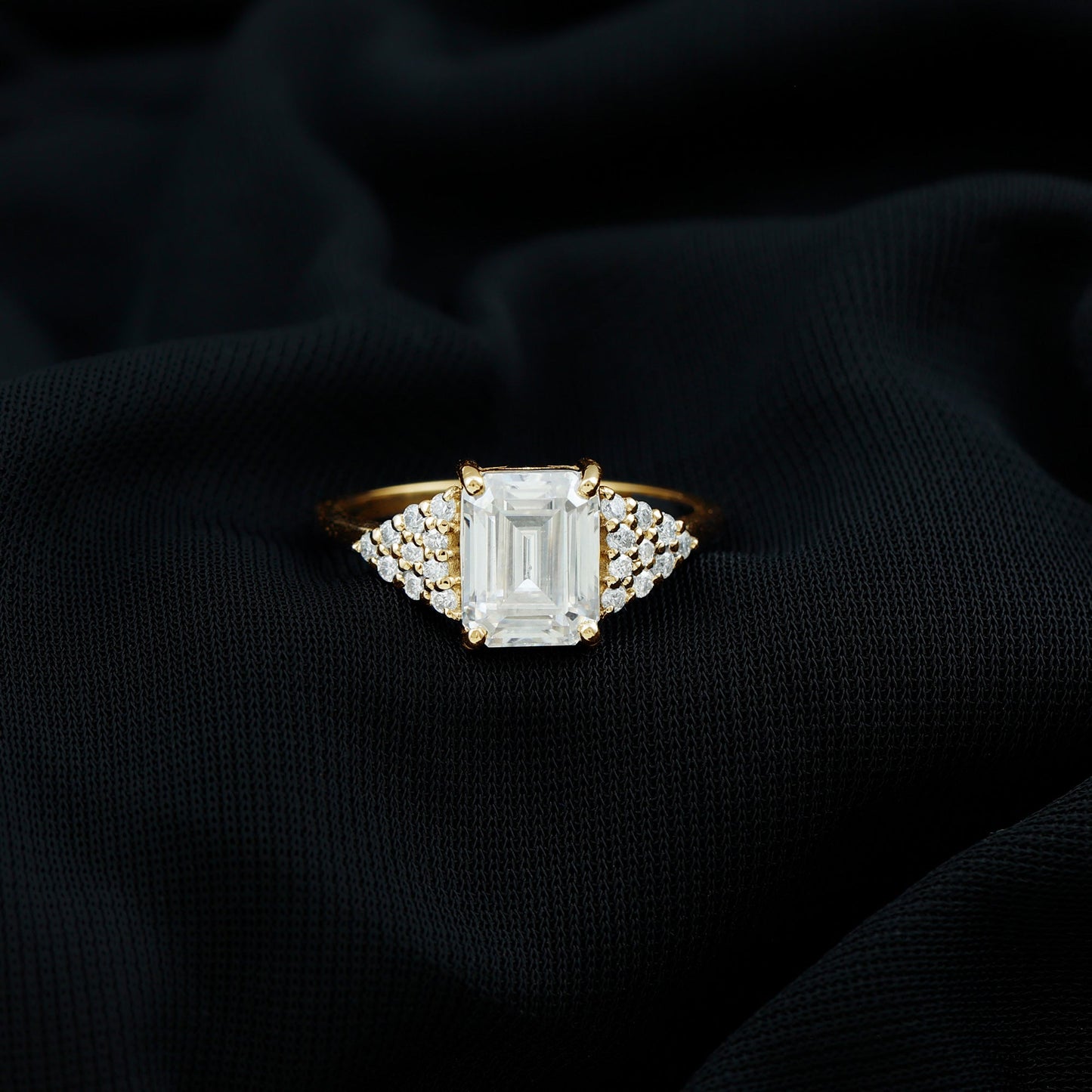 Certified Moissanite Emerald Cut Engagement Ring with Cluster Stones